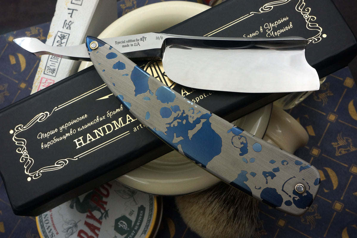 Art Razor Dante 10/8 Quarter Hollow Blade - Preowned Custom Straight Razor with Etched Metal Scales - Shave Ready