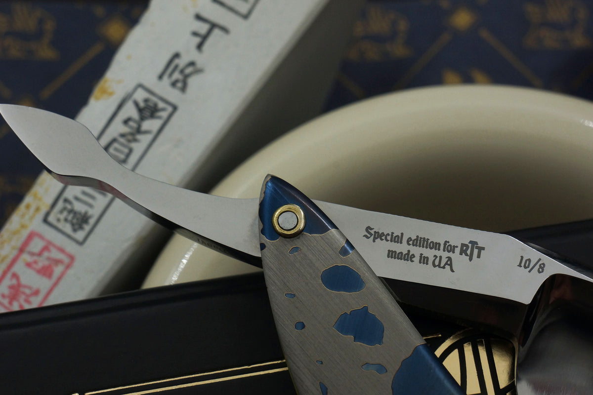 Art Razor Dante 10/8 Quarter Hollow Blade - Preowned Custom Straight Razor with Etched Metal Scales - Shave Ready