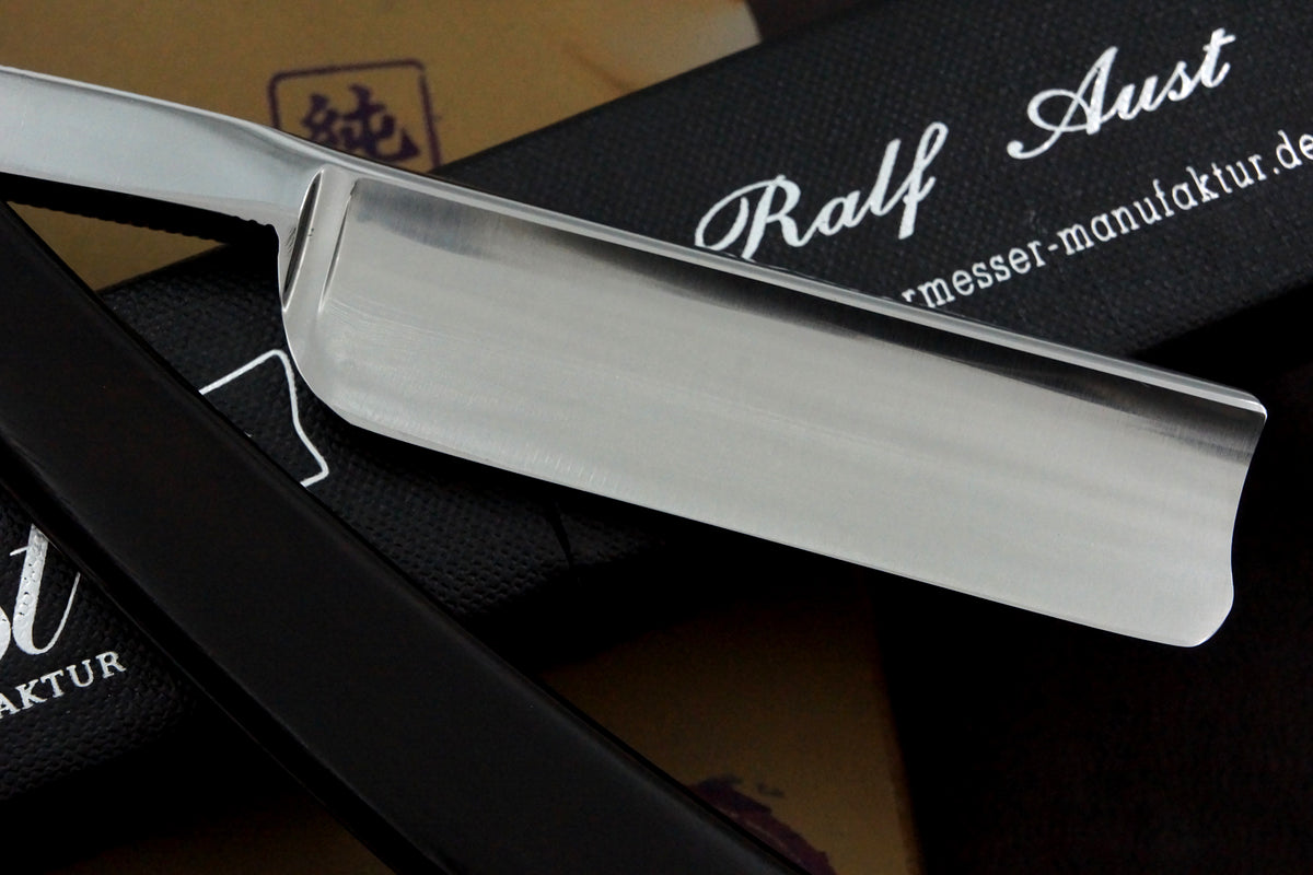 Lame creuse complète Ralf Aust 6/8 avec écailles noires - Rasoir droit Solingen d'occasion - Prêt à raser