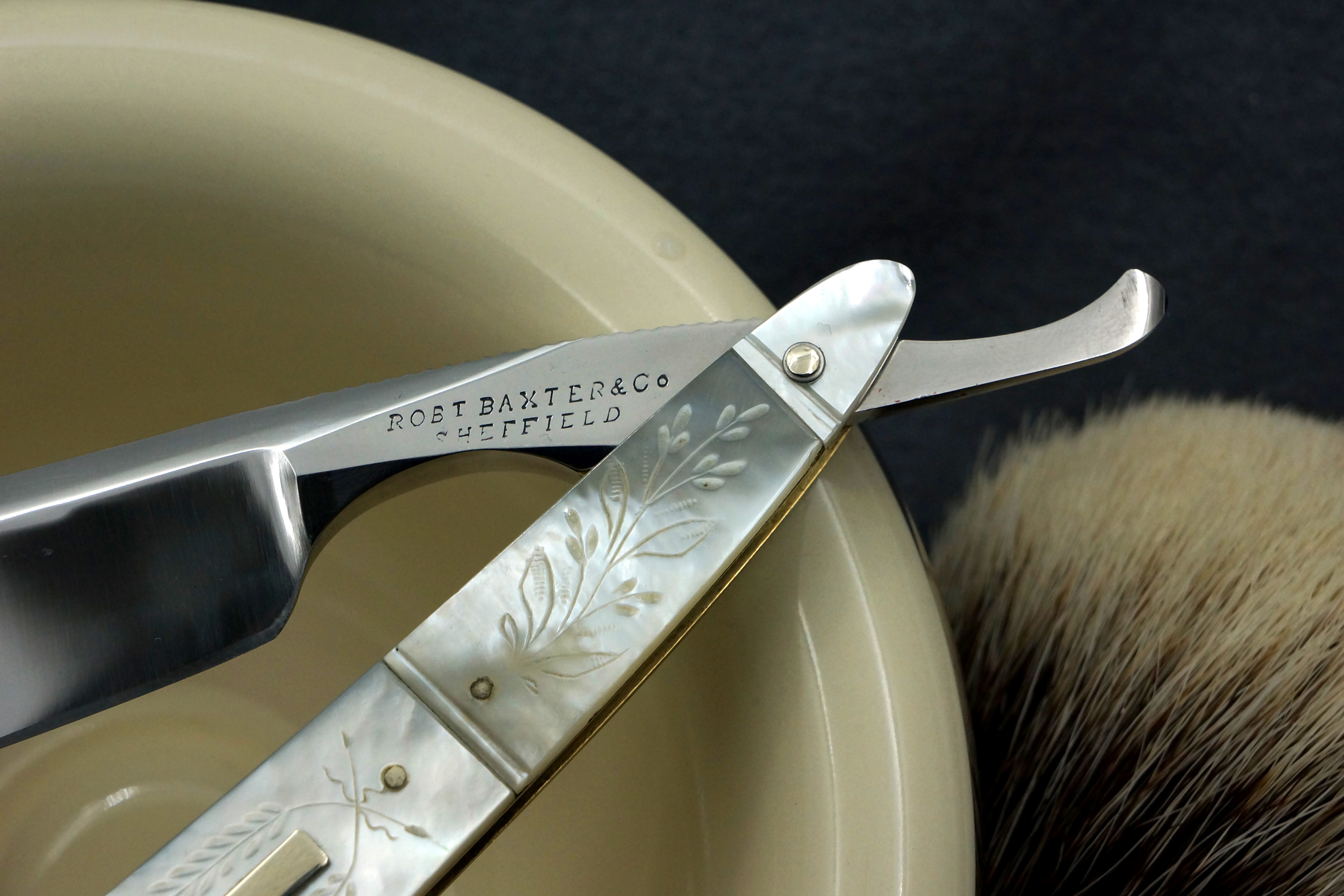 Robert Baxter & Co. 6/8 - Fancy Grind Fully Restored Carved Mother of Pearl Scaled Sheffield Straight Razor - Shave Ready