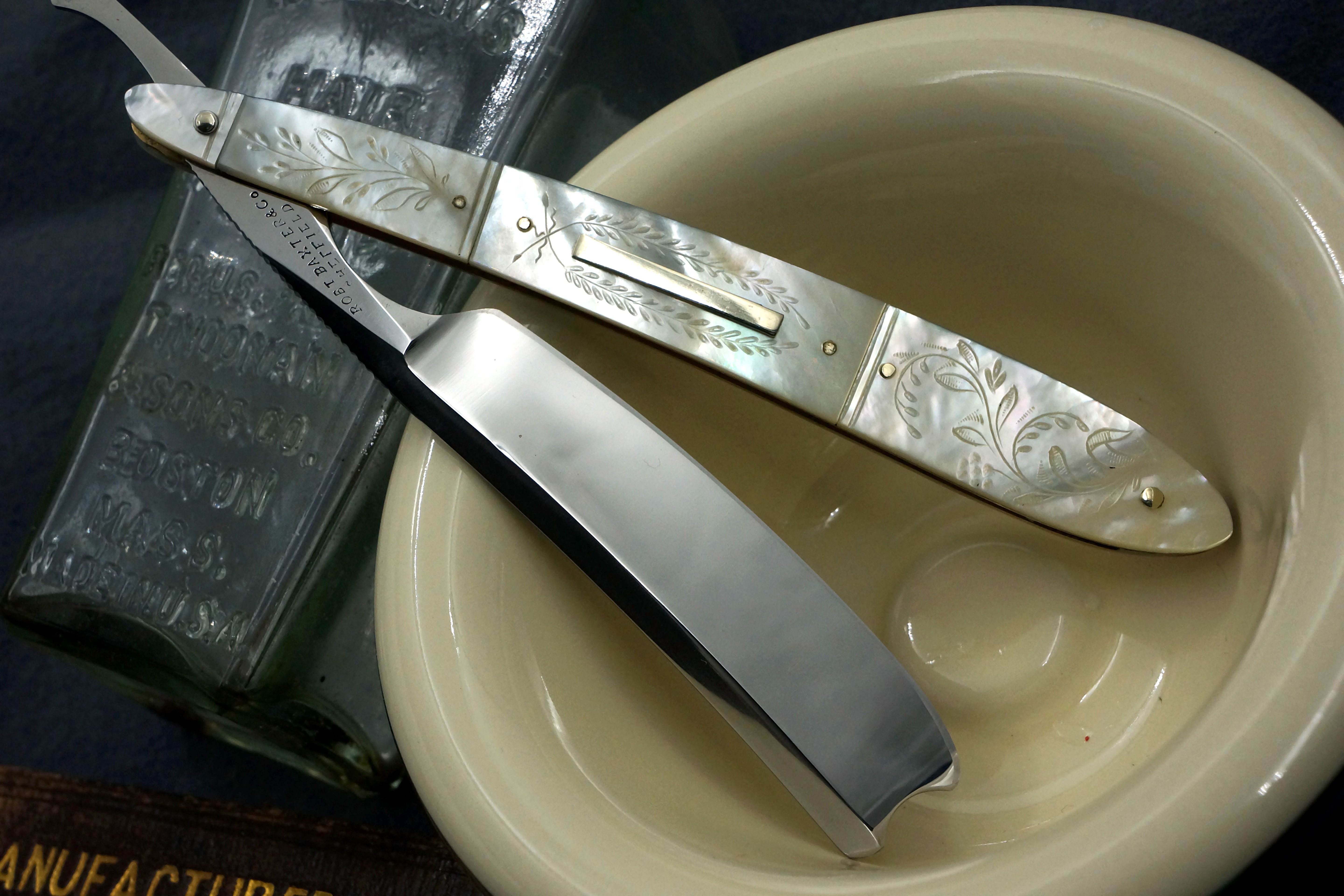 Robert Baxter & Co. 6/8 - Fancy Grind Fully Restored Carved Mother of Pearl Scaled Sheffield Straight Razor - Shave Ready