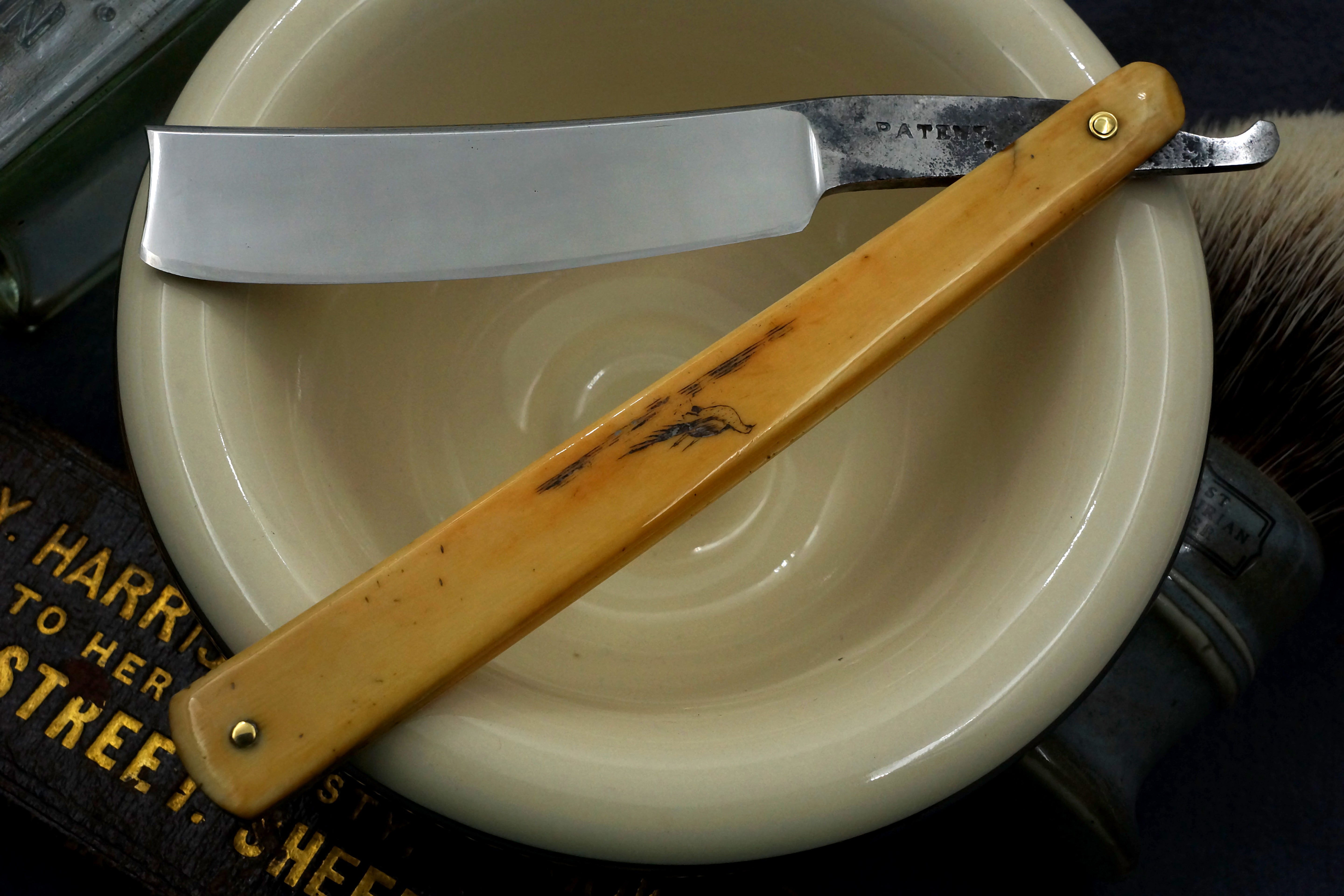 "Patent" Early 1800s Stubtail - Restored 6/8 Sheffield Straight Razor with Scrimshaw Ivory Scales - Shave Ready