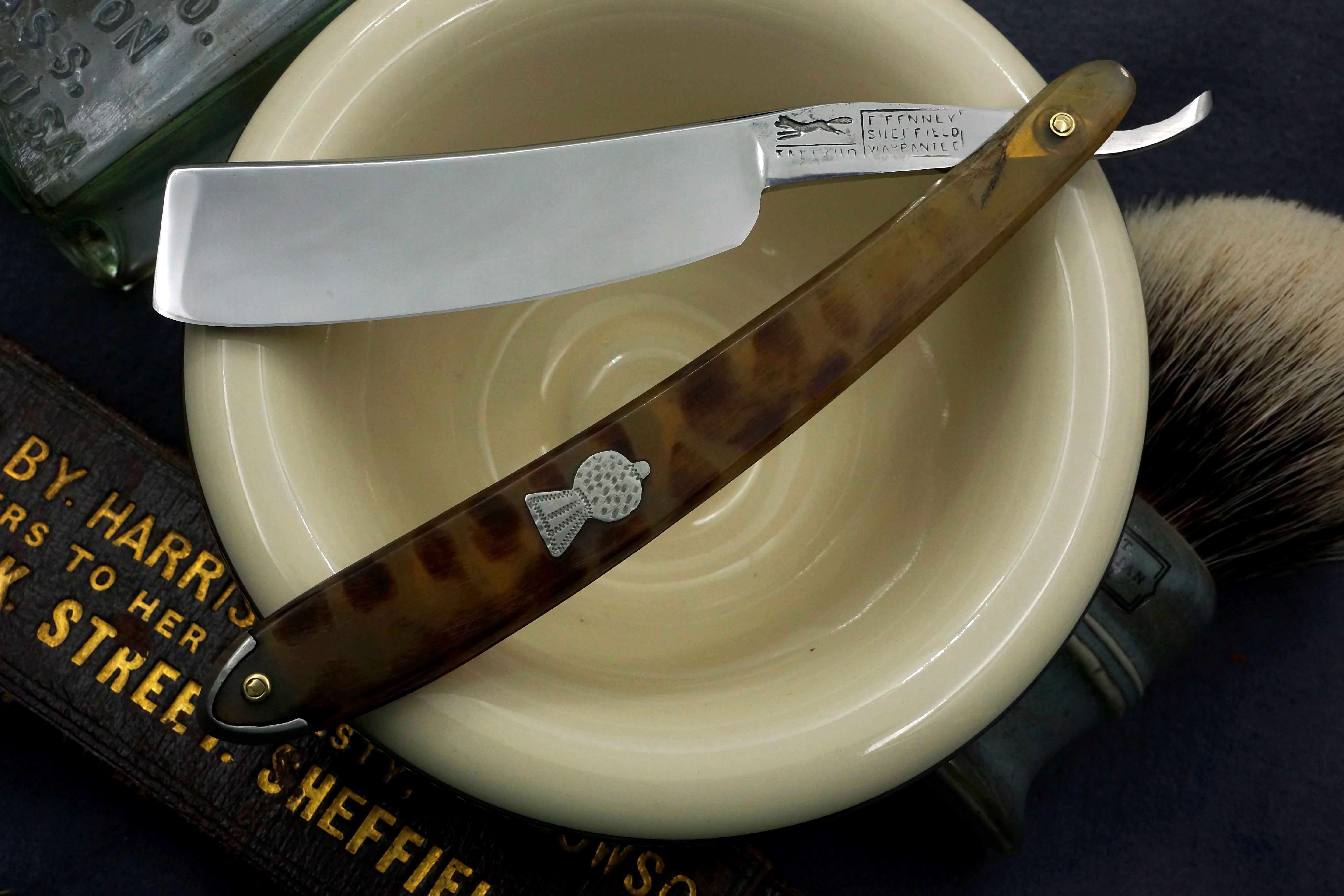 F. Fenney "Tally Ho" 13/16 Near Wedge Blade with Fancy Horn Scales - Handsome Fully Restored Sheffield Straight Razor - Shave Ready