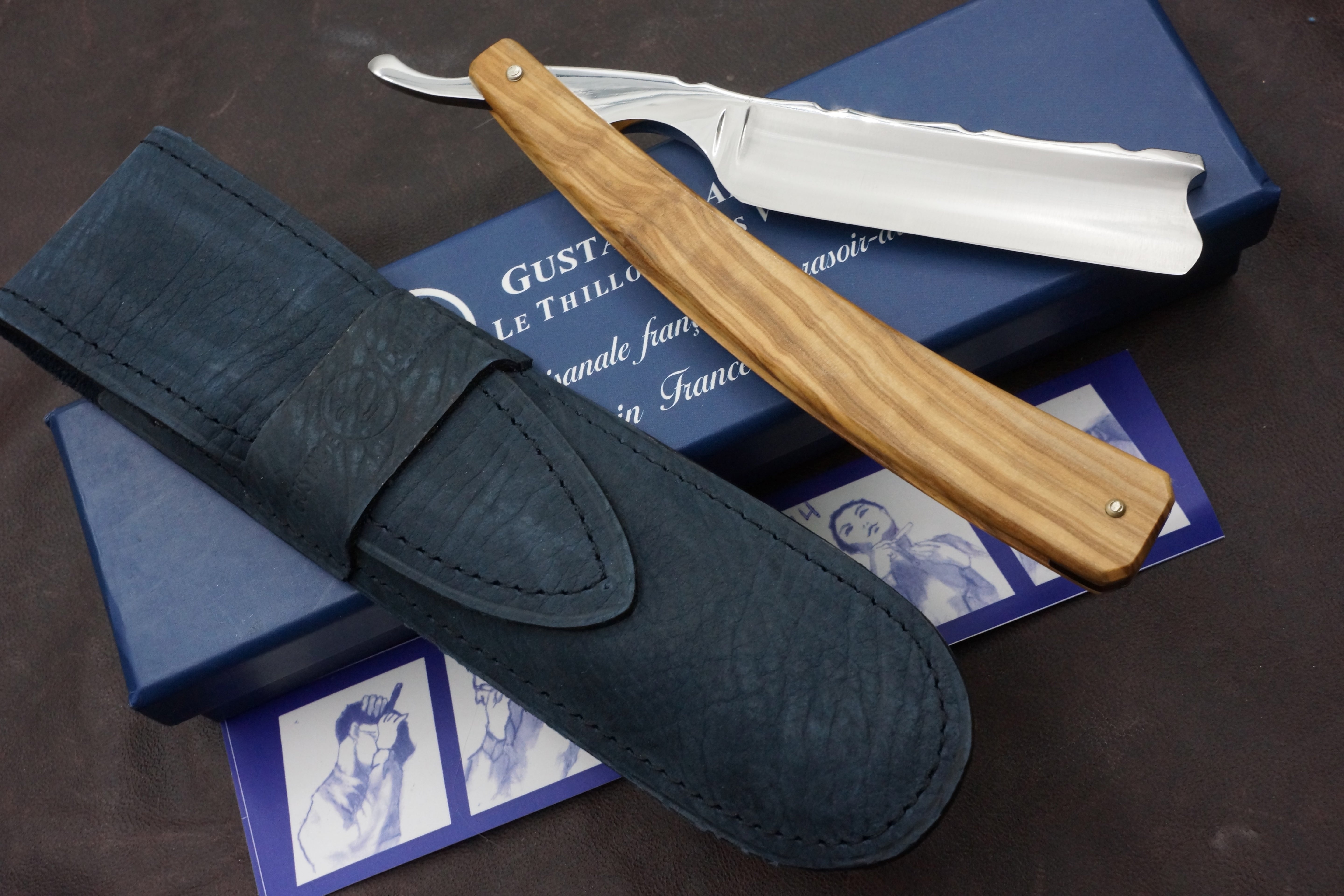 Gustave La Lune 6/8 Full Hollow Fancy Blade with Olivewood Scales - Excellent Preowned French Straight Razor - Shave Ready