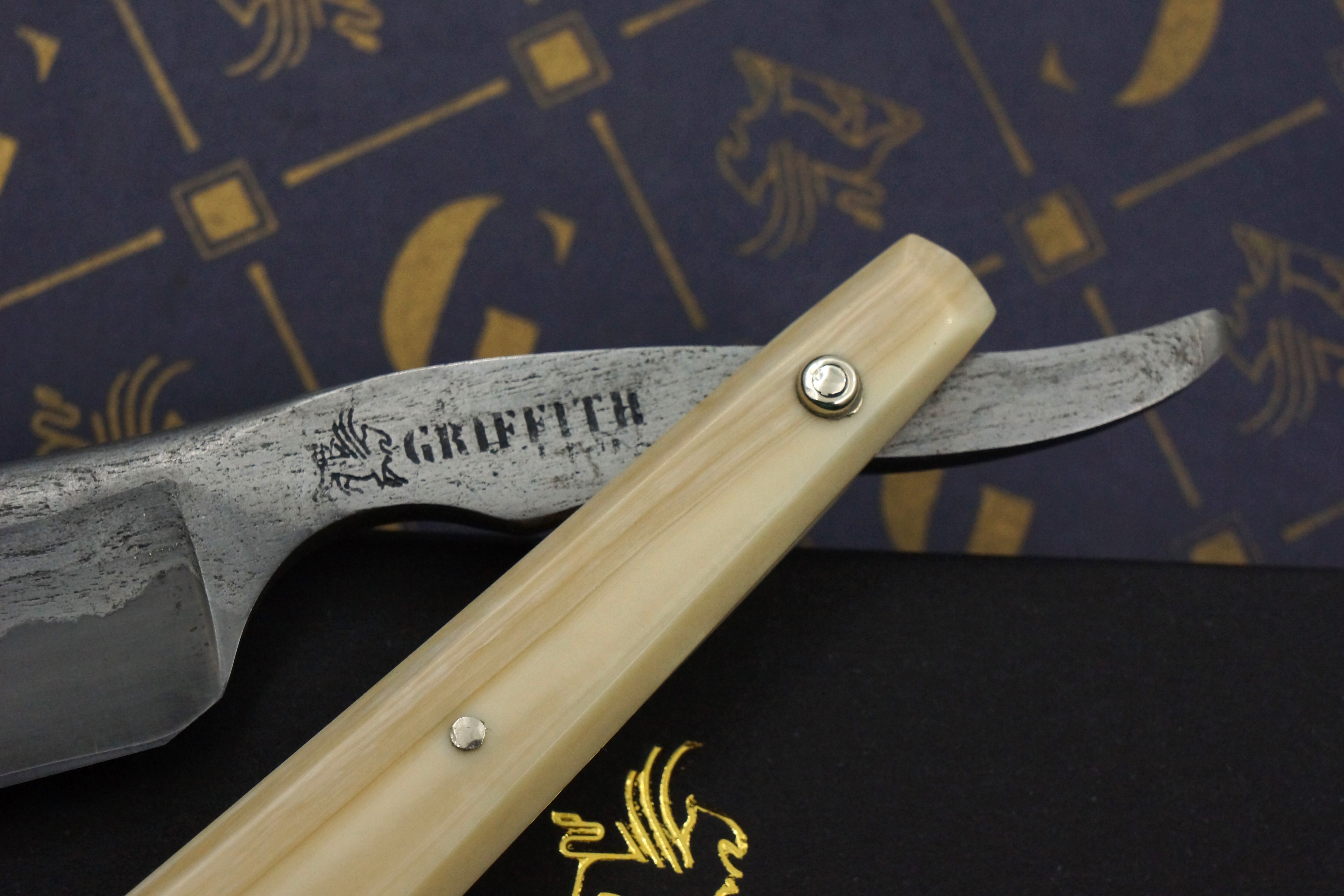 Griffith 6/8 Antique Wrought Iron & Steel San Mai Quarter Hollow - Mammoth Ivory Scales Artisan Straight Razor
