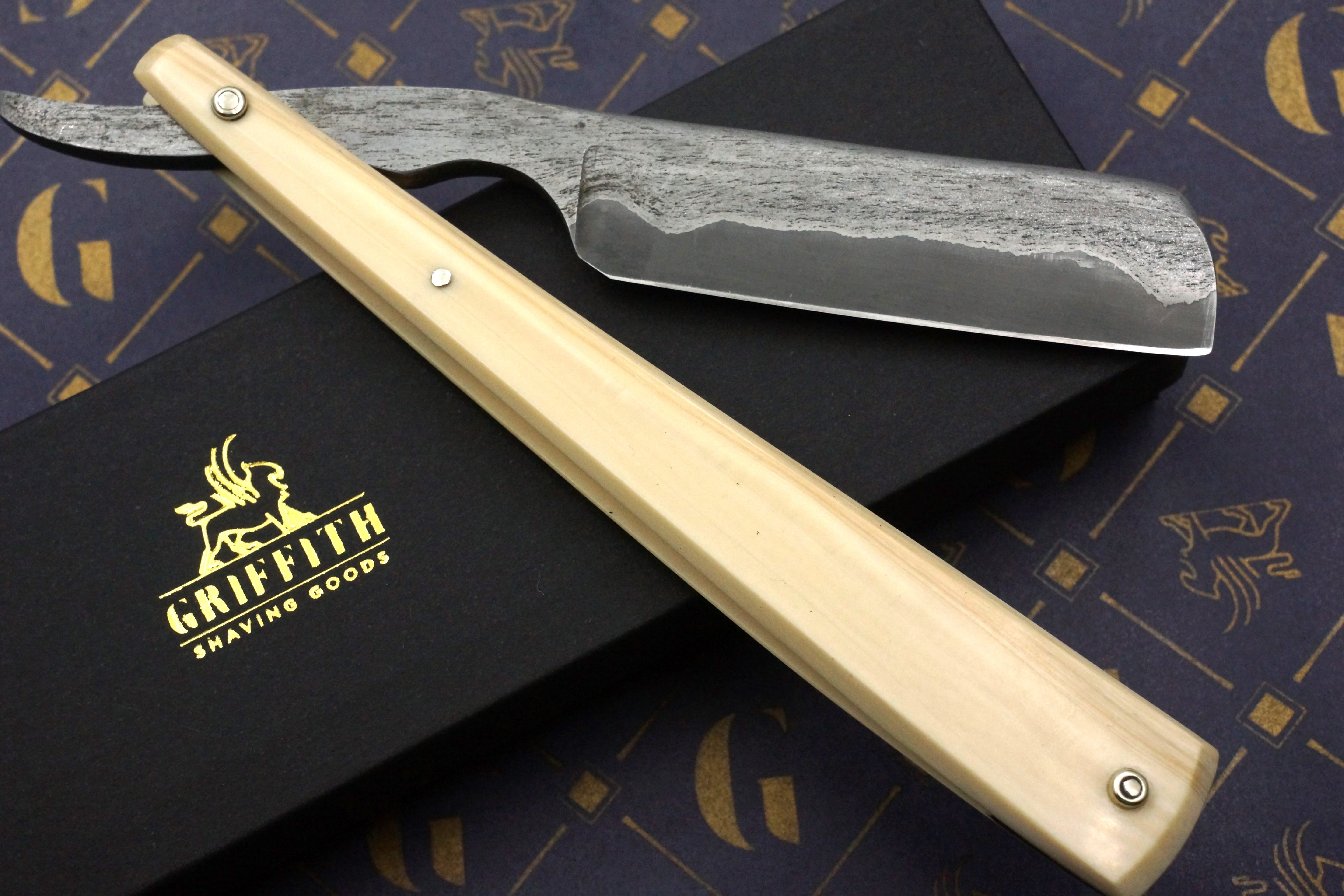 Griffith 6/8 Antique Wrought Iron & Steel San Mai Quarter Hollow - Mammoth Ivory Scales Artisan Straight Razor