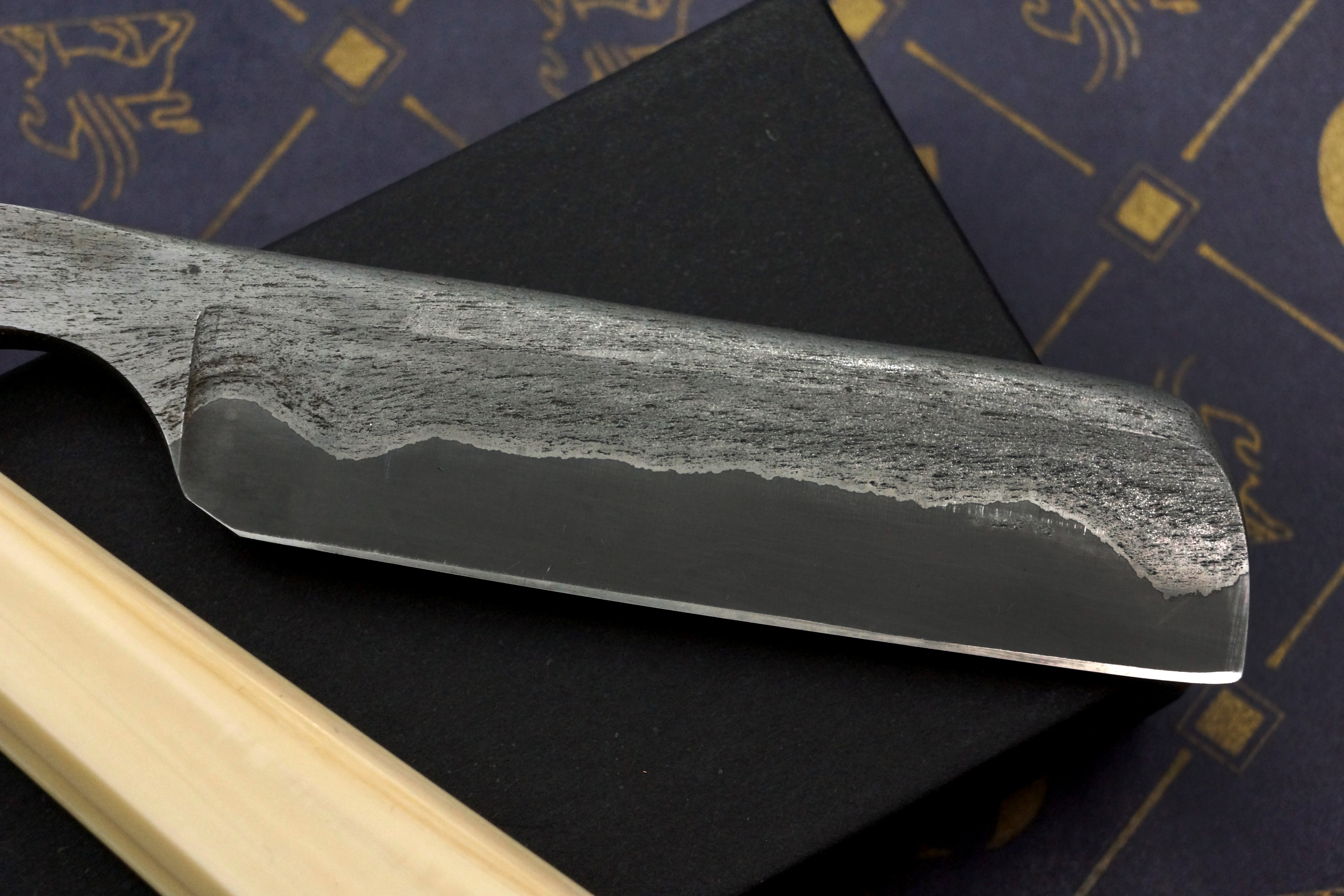 Griffith 6/8 Antique Wrought Iron & Steel San Mai Quarter Hollow - Mammoth Ivory Scales Artisan Straight Razor