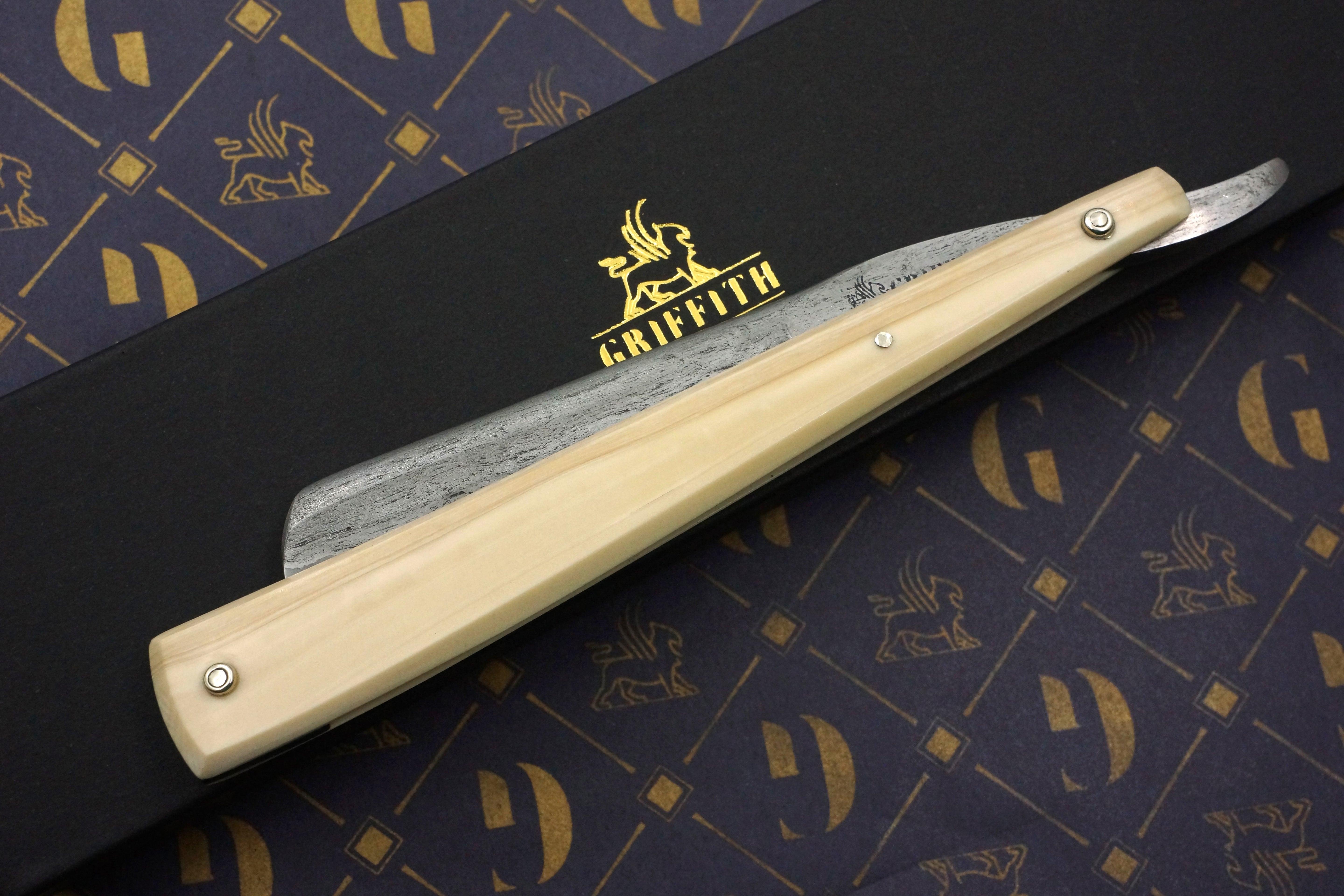 Griffith 6/8 Antique Wrought Iron & Steel San Mai Quarter Hollow - Mammoth Ivory Scales Artisan Straight Razor