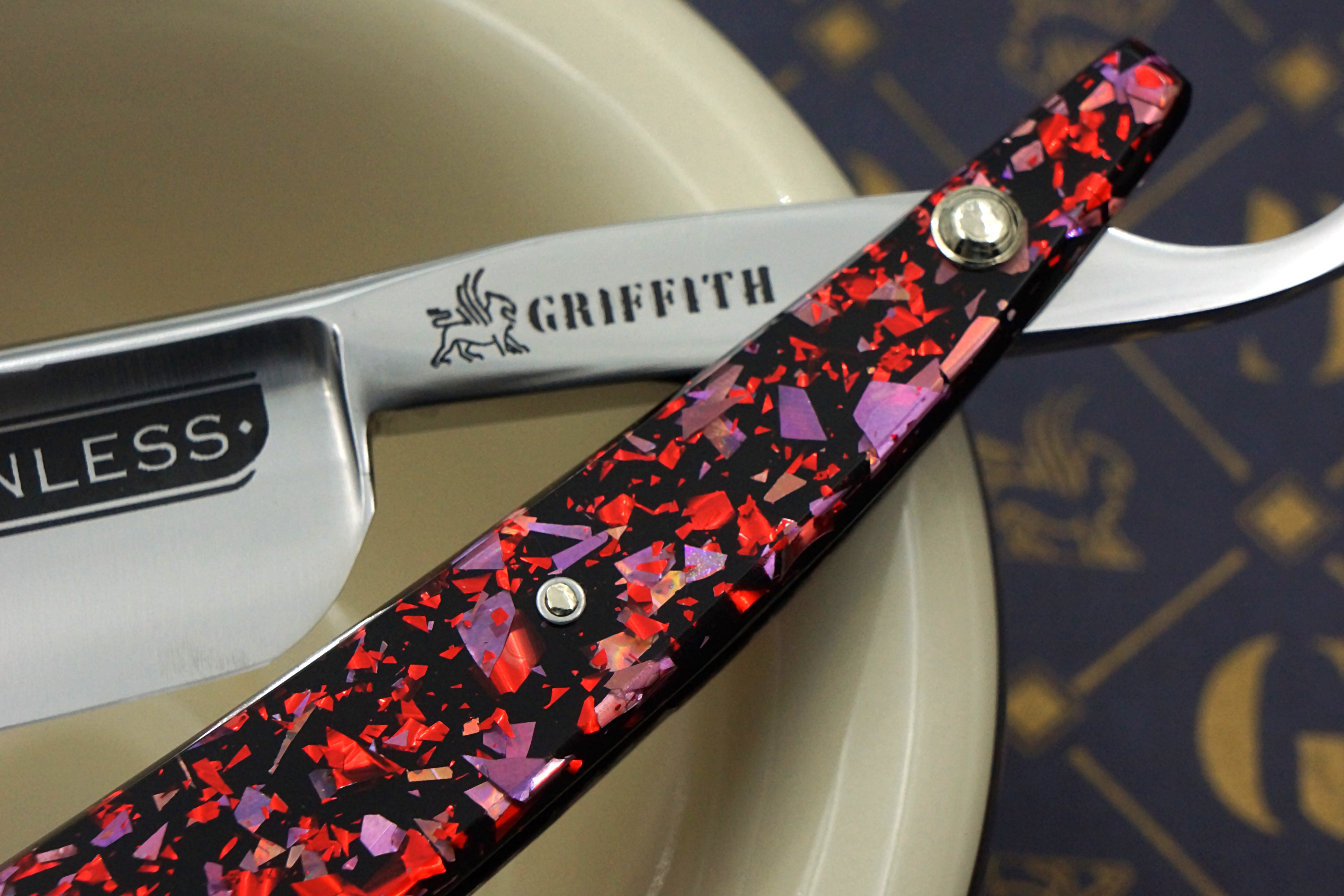 Griffith 8/8 Stainless Steel Extra Hollow Blade - Chunky Glitter Acrylic Scales Artisan Straight Razor