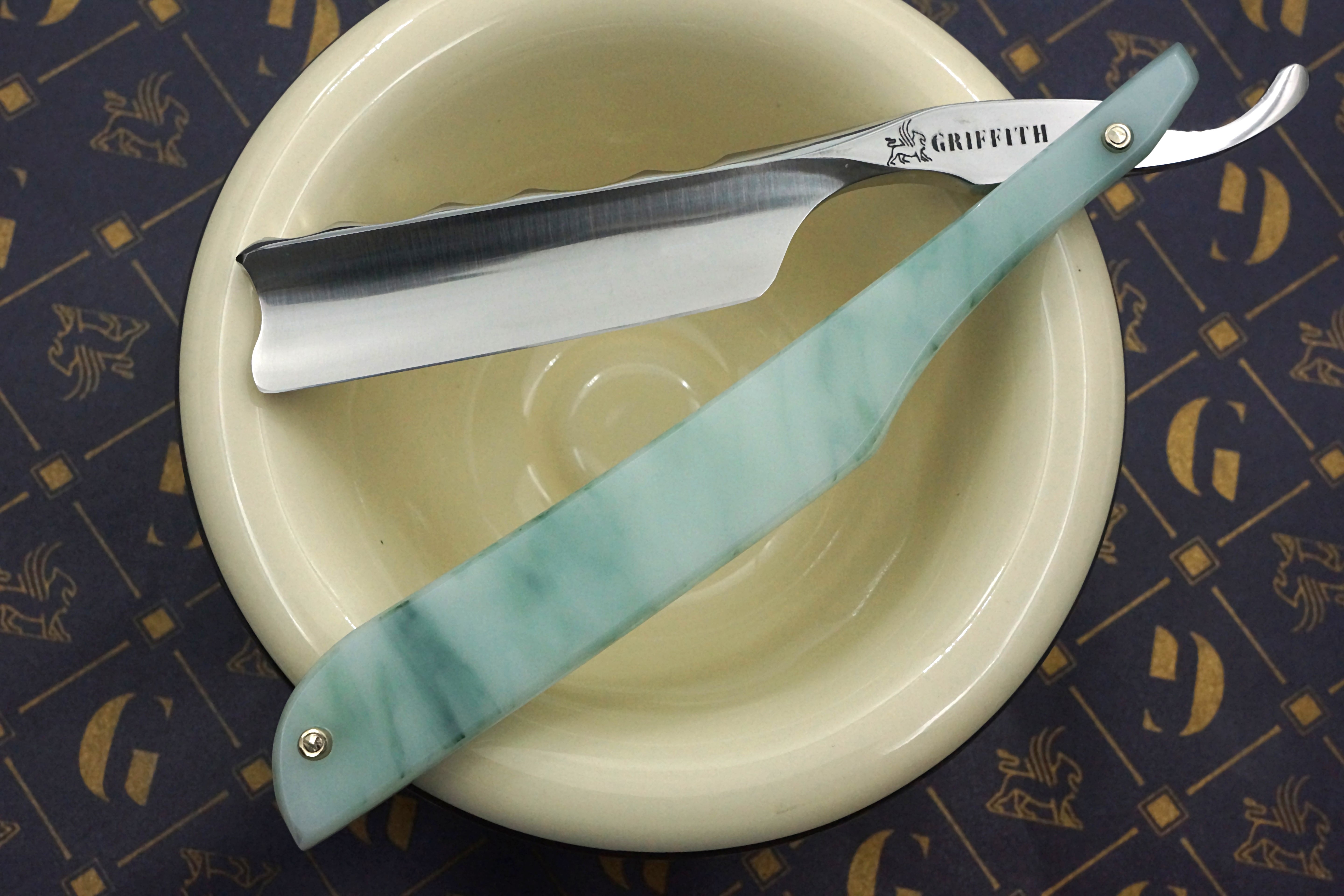 Griffith 13/16 Silver Steel Full Hollow Worked Spine Blade - Emerald Quartz Acrylic Scales Artisan Straight Razor - Shave Ready