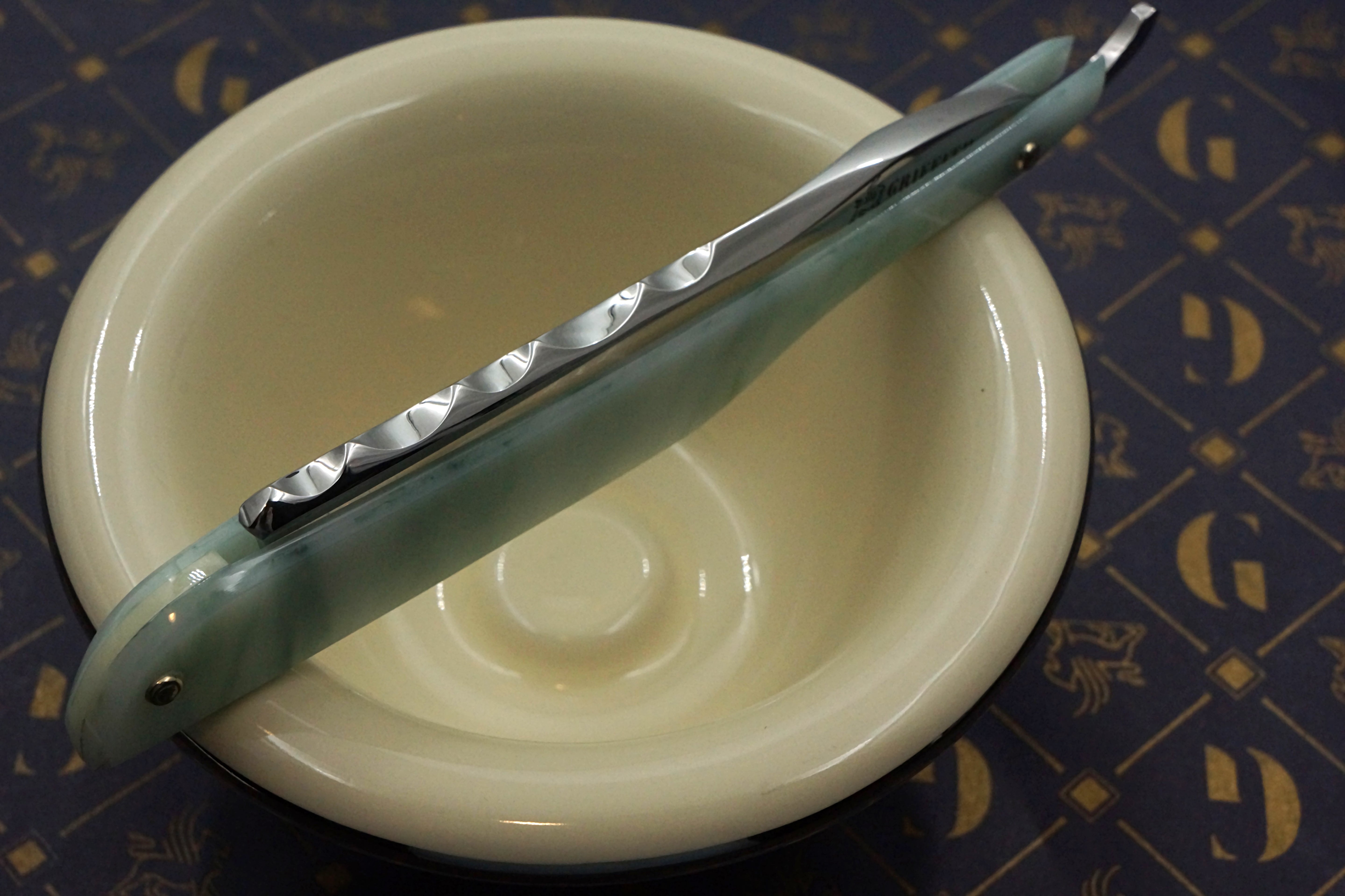 Griffith 13/16 Silver Steel Full Hollow Worked Spine Blade - Emerald Quartz Acrylic Scales Artisan Straight Razor - Shave Ready