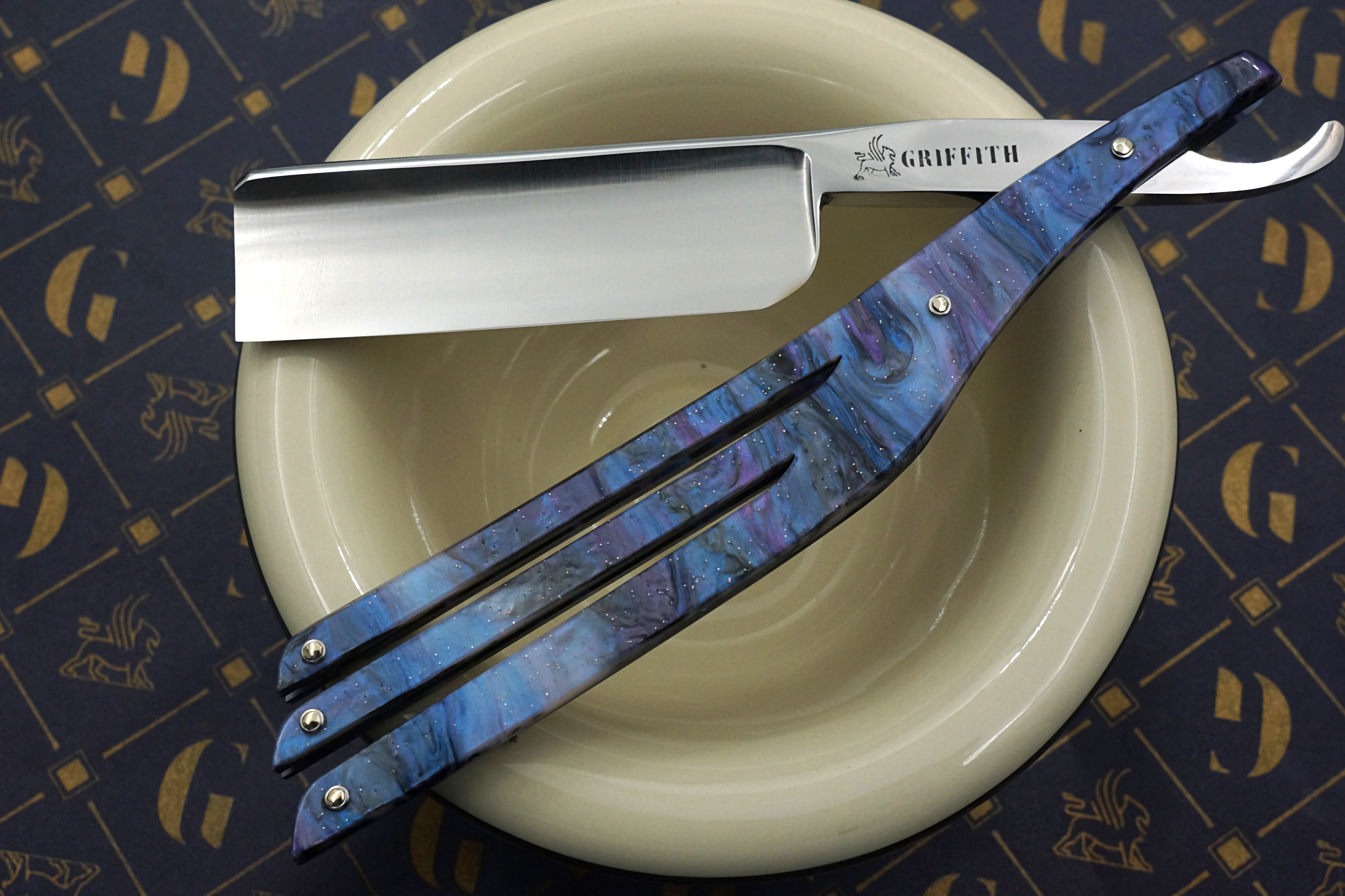 Griffith 15/16 Stainless Steel Full Hollow Blade - Purple Starry Sky Wing Scales Artisan Straight Razor