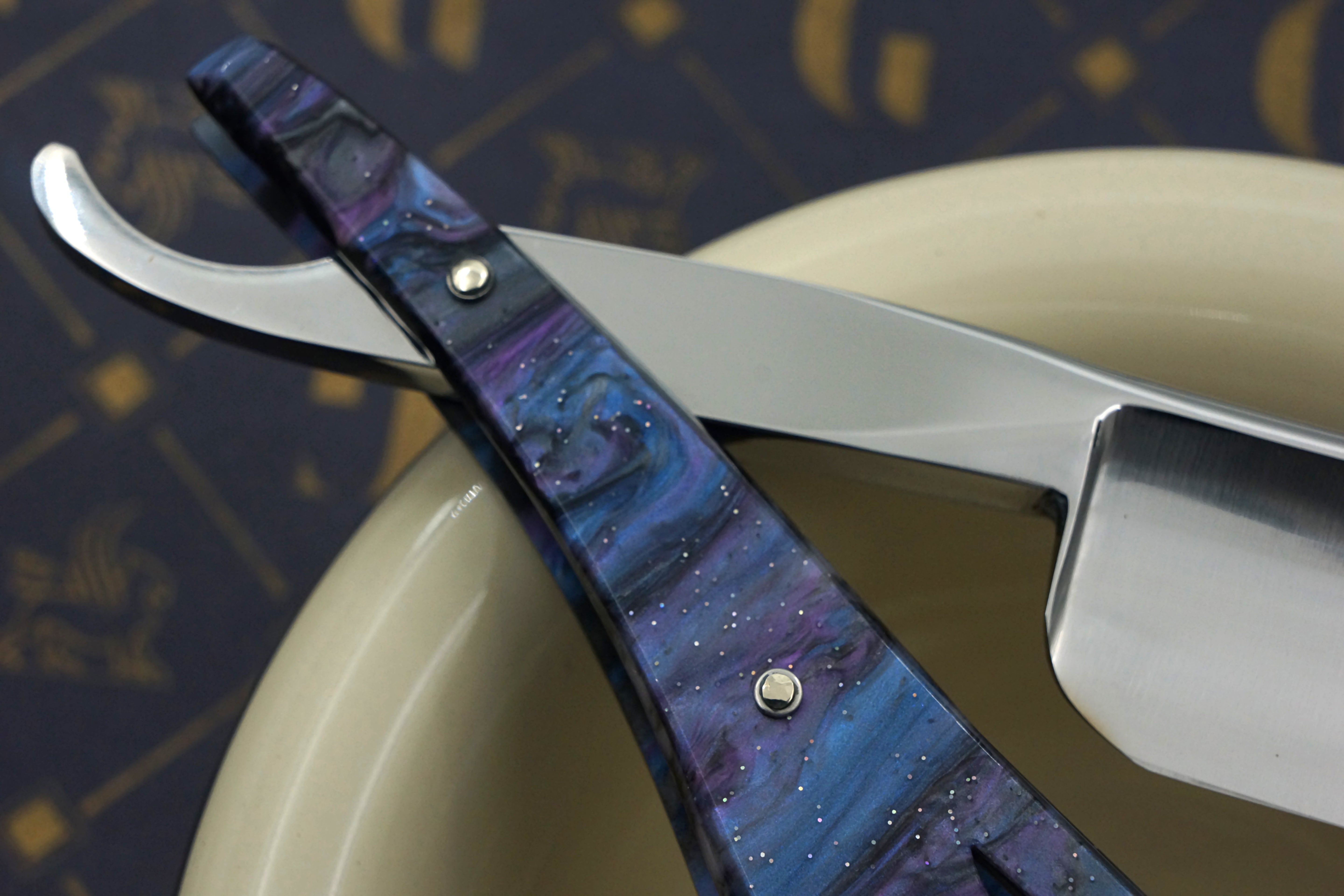 Griffith 15/16 Stainless Steel Full Hollow Blade - Purple Starry Sky Wing Scales Artisan Straight Razor