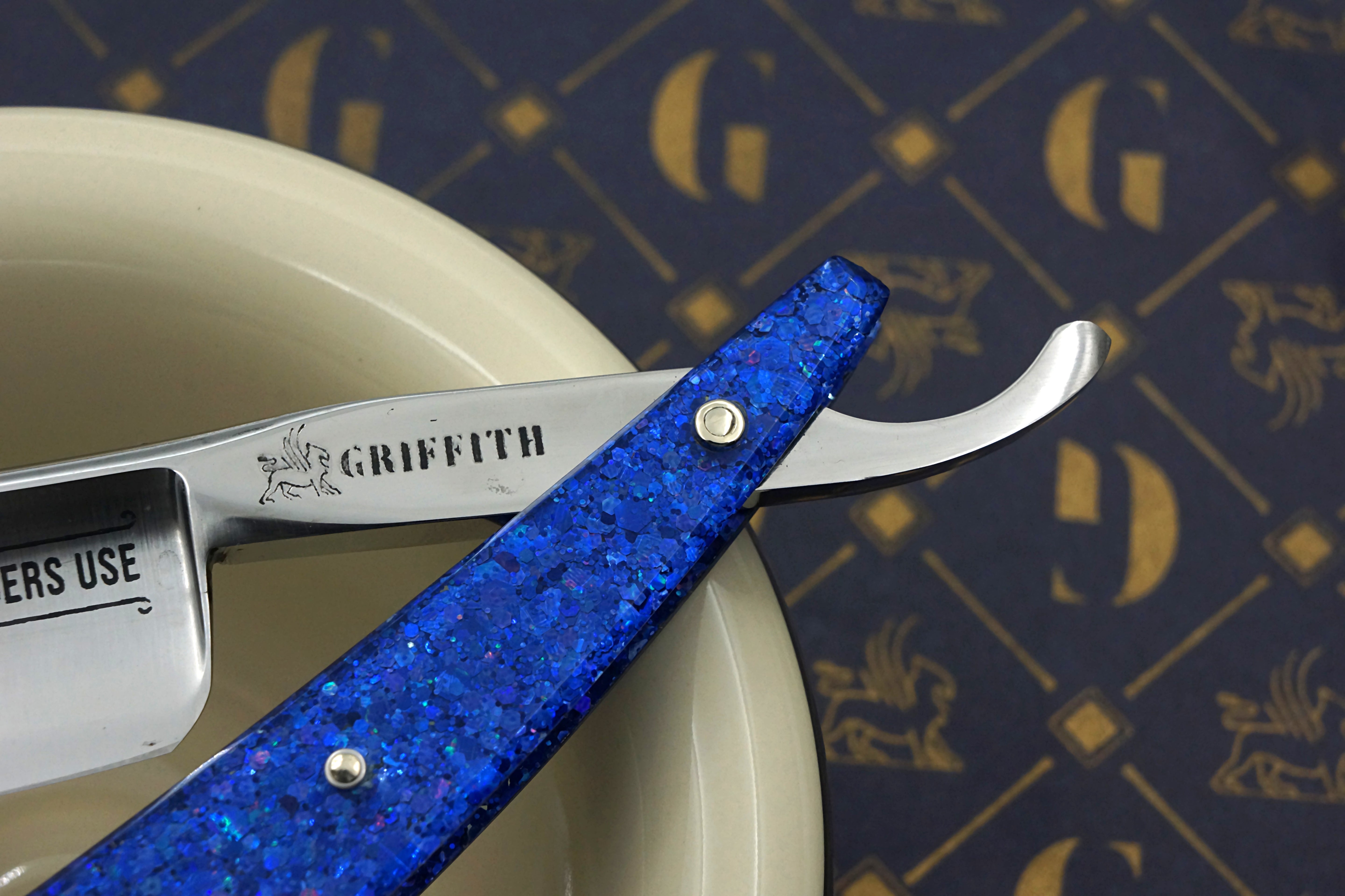Griffith 8/8 Silver Steel Extra Hollow Etched Blade - Leviathan Sparkle Acrylic Scales Artisan Straight Razor - Shave Ready