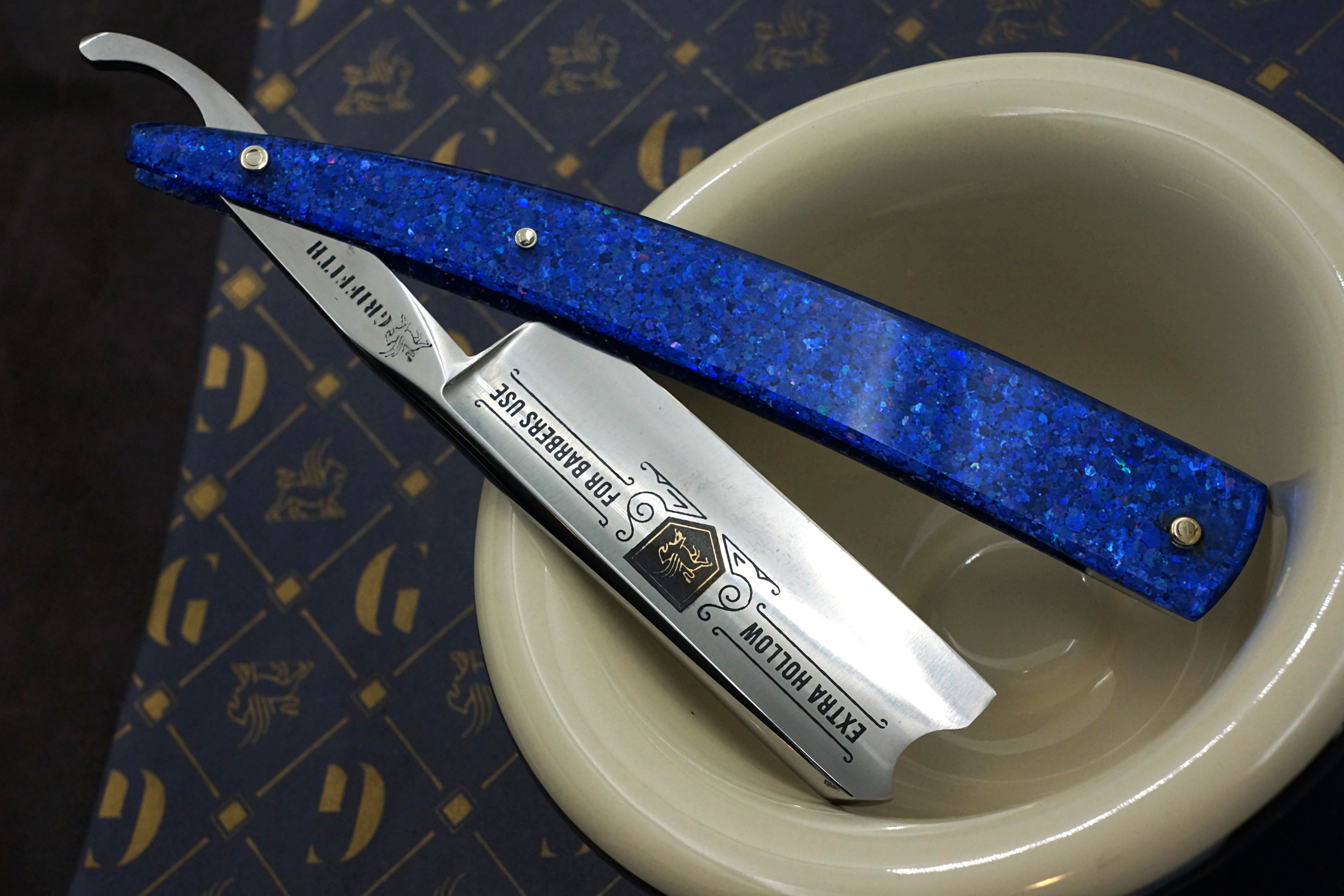 Griffith 8/8 Silver Steel Extra Hollow Etched Blade - Leviathan Sparkle Acrylic Scales Artisan Straight Razor - Shave Ready