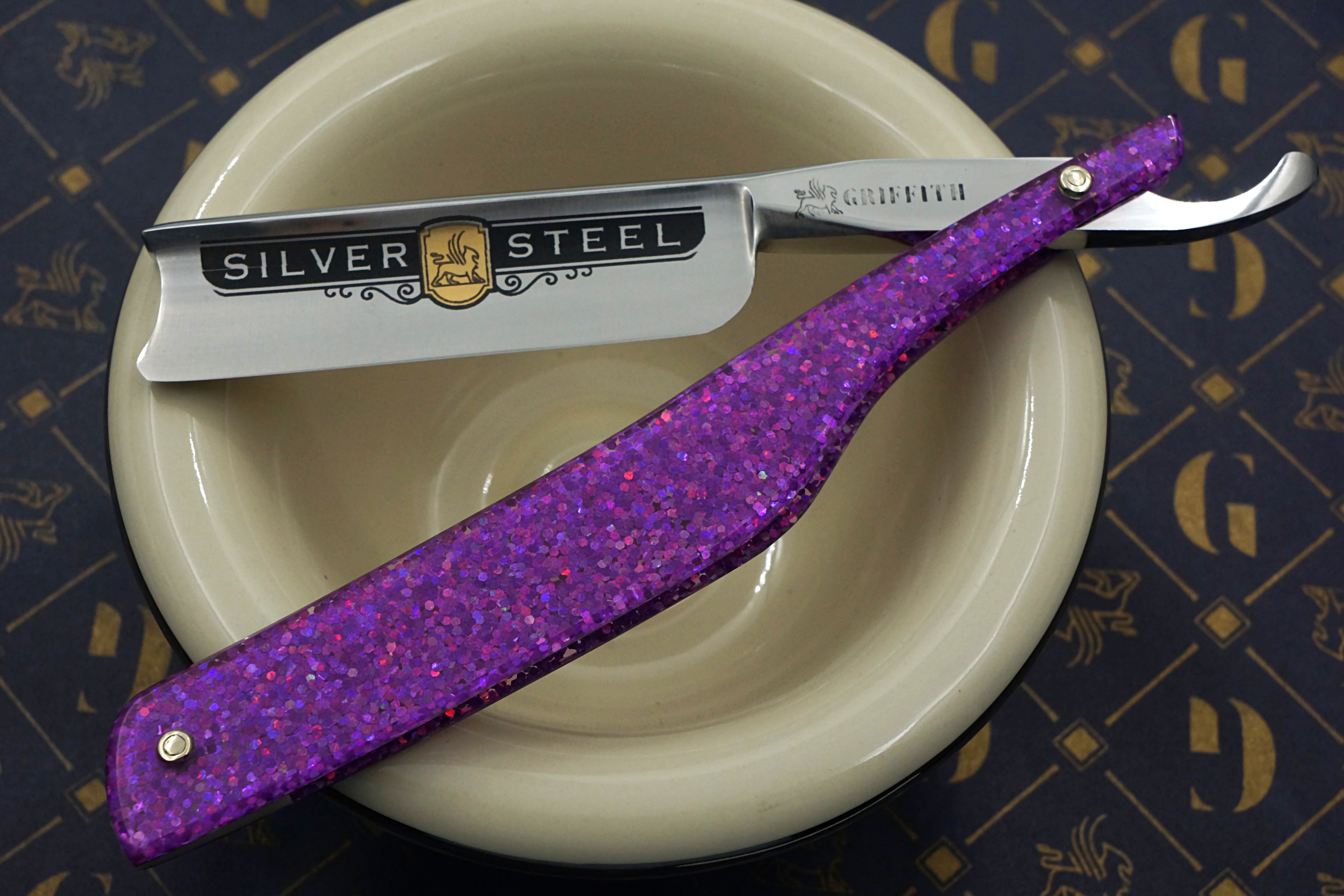 Griffith 13/16 Silver Steel Full Hollow Etched Blade - Dragon Sparkle Scales Artisan Straight Razor - Shave Ready