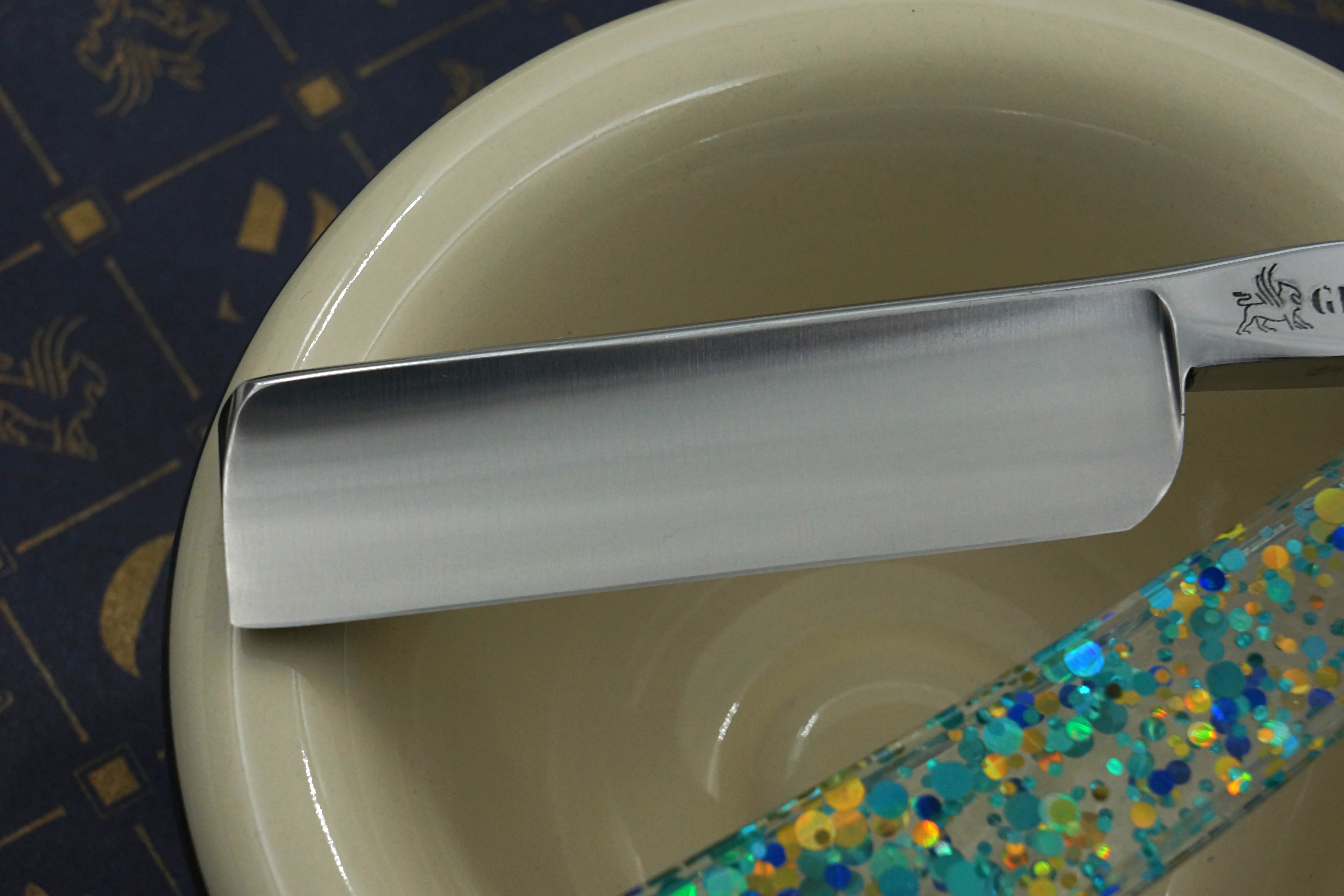 Griffith 13/16 Silver Steel Full Hollow Blade -  Teal Dots and Glitter Acrylic Scales Artisan Straight Razor - Shave Ready