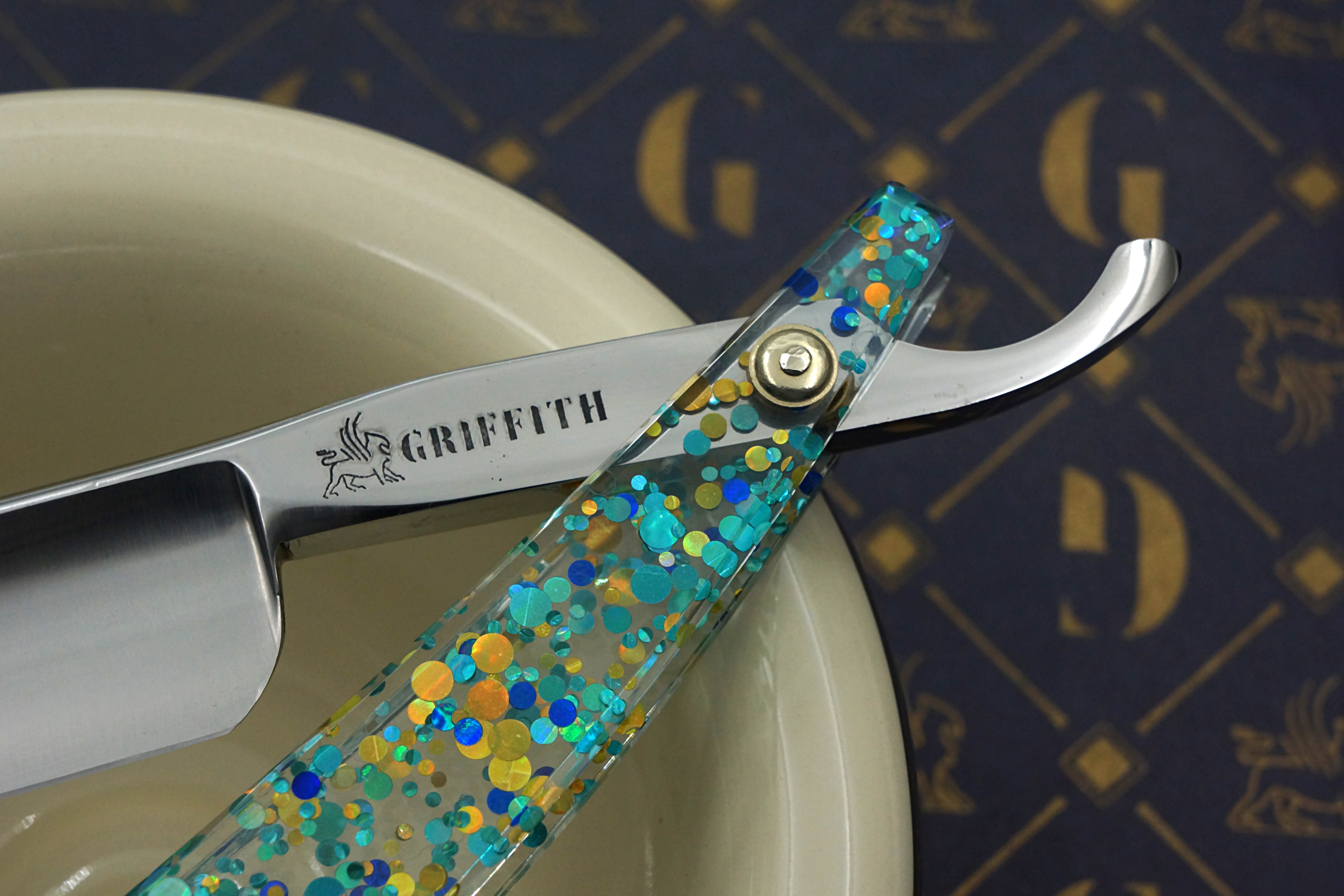 Griffith 13/16 Silver Steel Full Hollow Blade -  Teal Dots and Glitter Acrylic Scales Artisan Straight Razor - Shave Ready