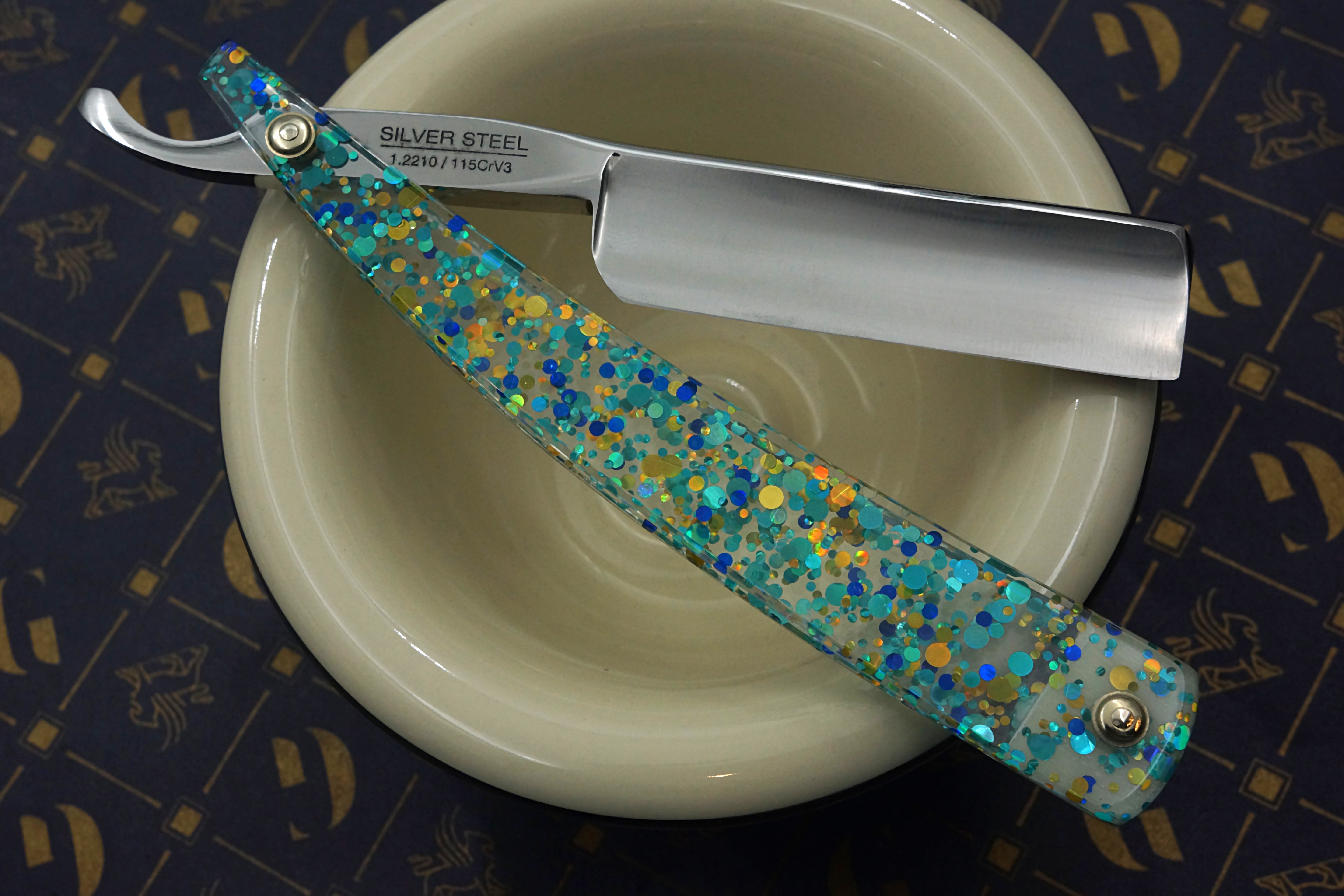 Griffith 13/16 Silver Steel Full Hollow Blade -  Teal Dots and Glitter Acrylic Scales Artisan Straight Razor - Shave Ready