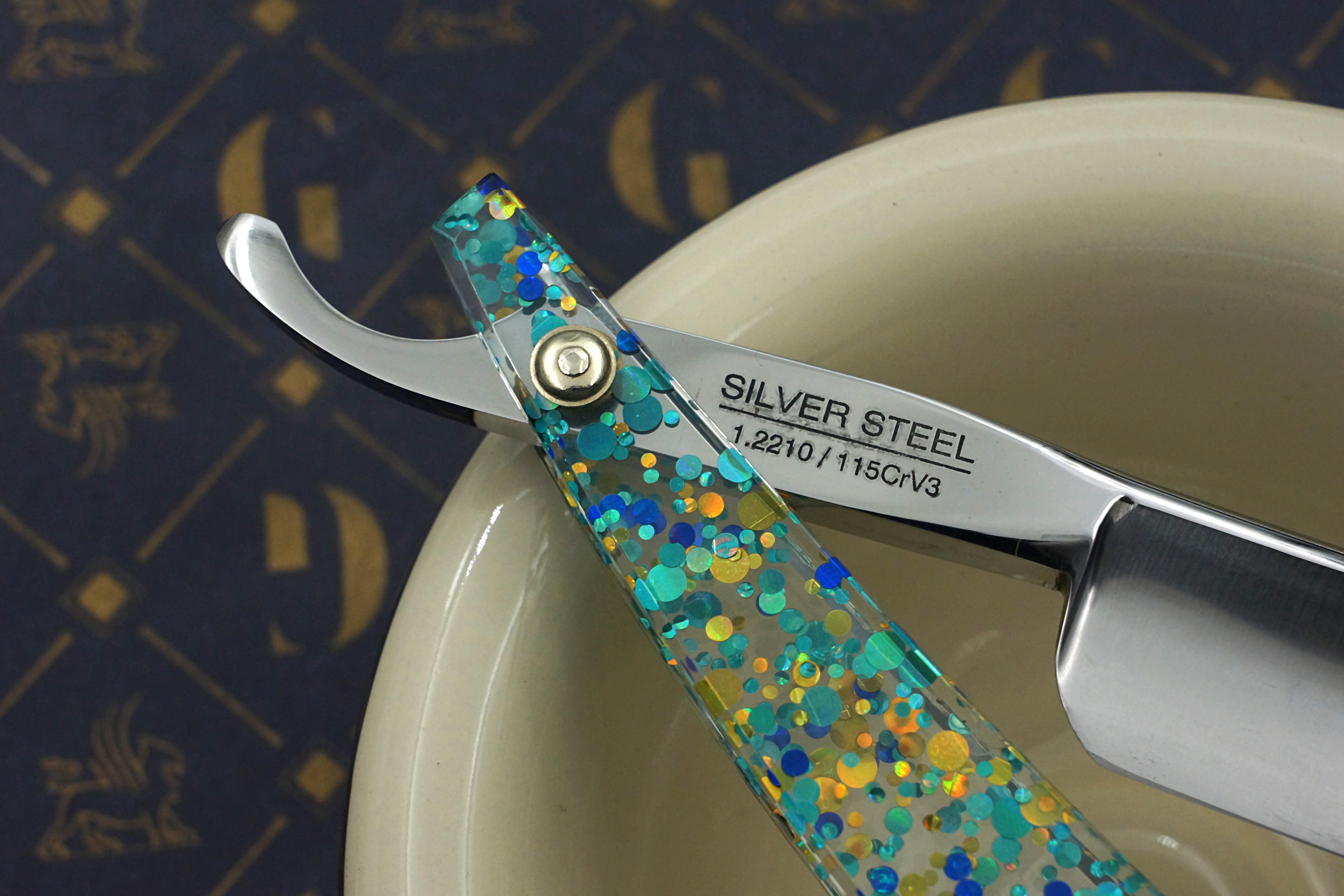 Griffith 13/16 Silver Steel Full Hollow Blade -  Teal Dots and Glitter Acrylic Scales Artisan Straight Razor - Shave Ready