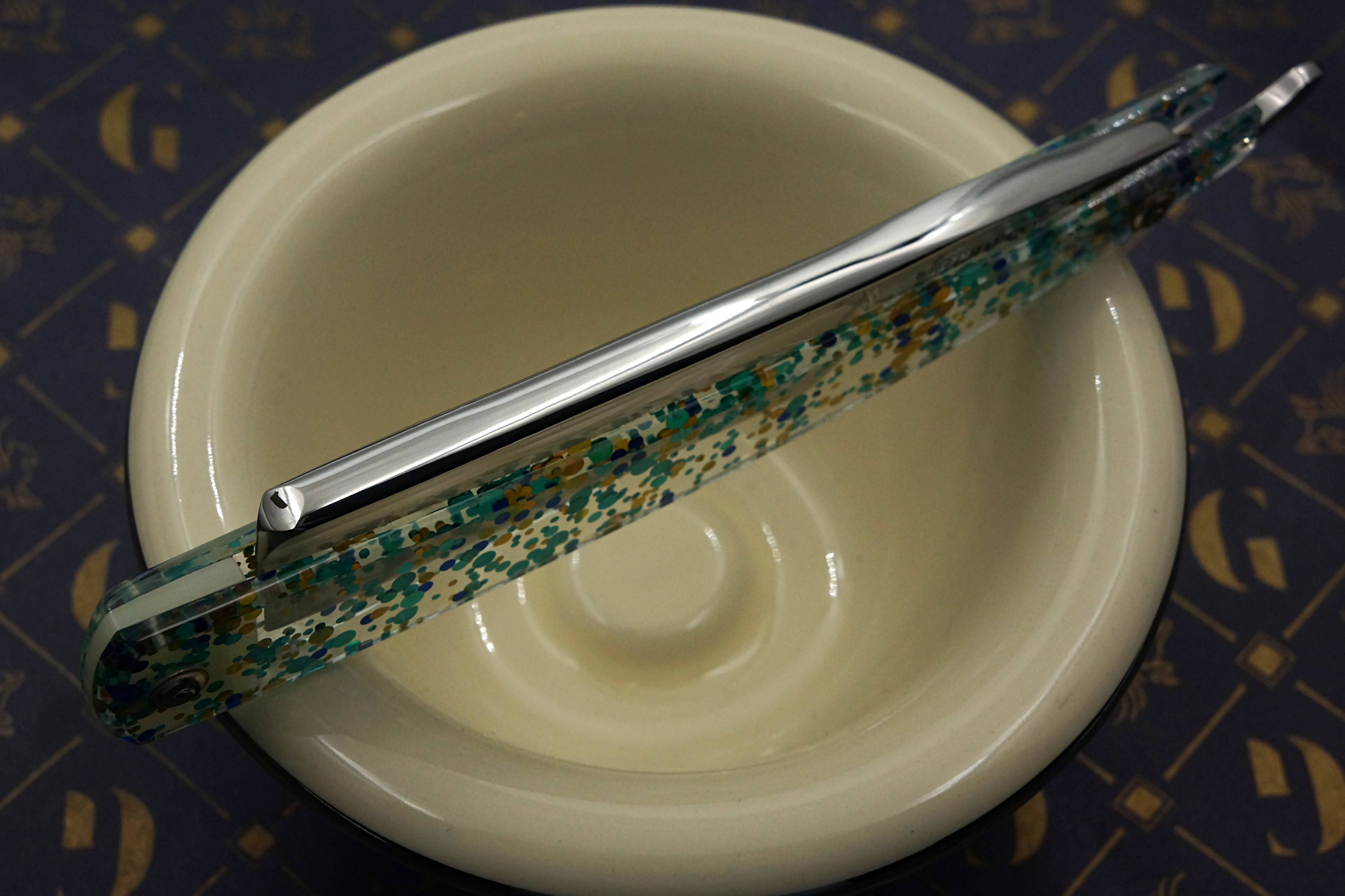 Griffith 13/16 Silver Steel Full Hollow Blade -  Teal Dots and Glitter Acrylic Scales Artisan Straight Razor - Shave Ready
