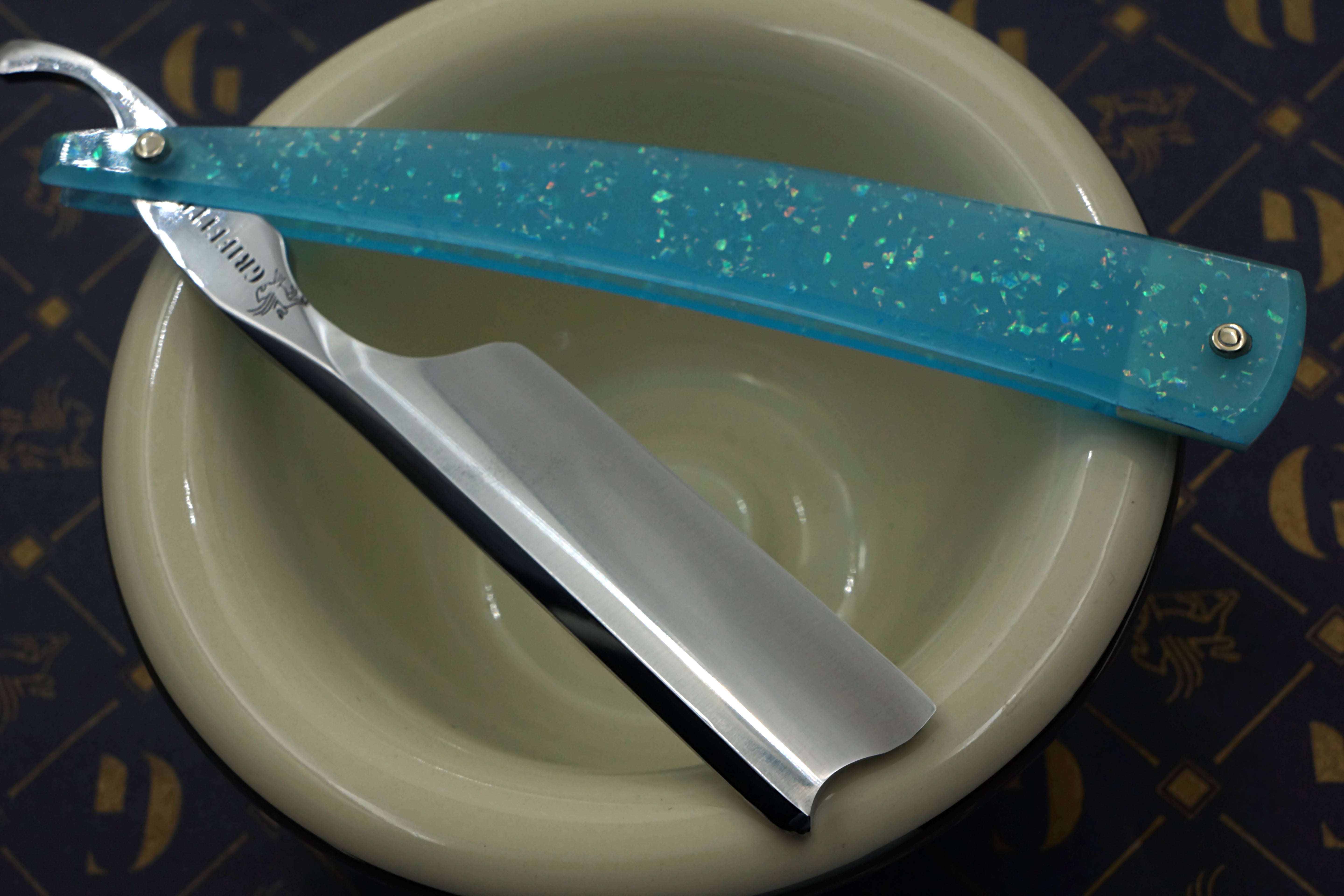 Griffith 13/16 Silver Steel Full Hollow Blade - Neon Blue Crackle Acrylic Scales Artisan Straight Razor - Shave Ready