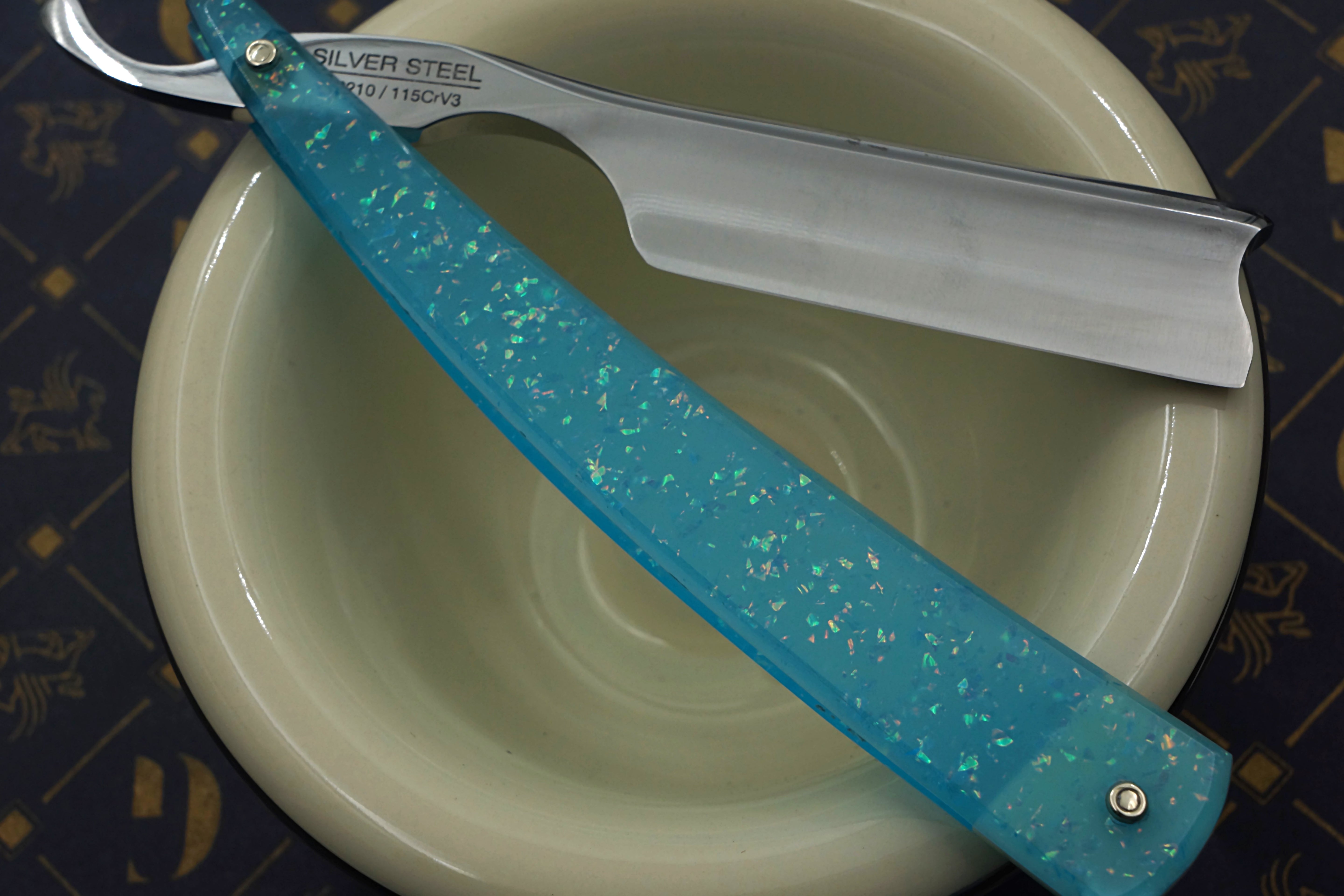 Griffith 13/16 Silver Steel Full Hollow Blade - Neon Blue Crackle Acrylic Scales Artisan Straight Razor - Shave Ready