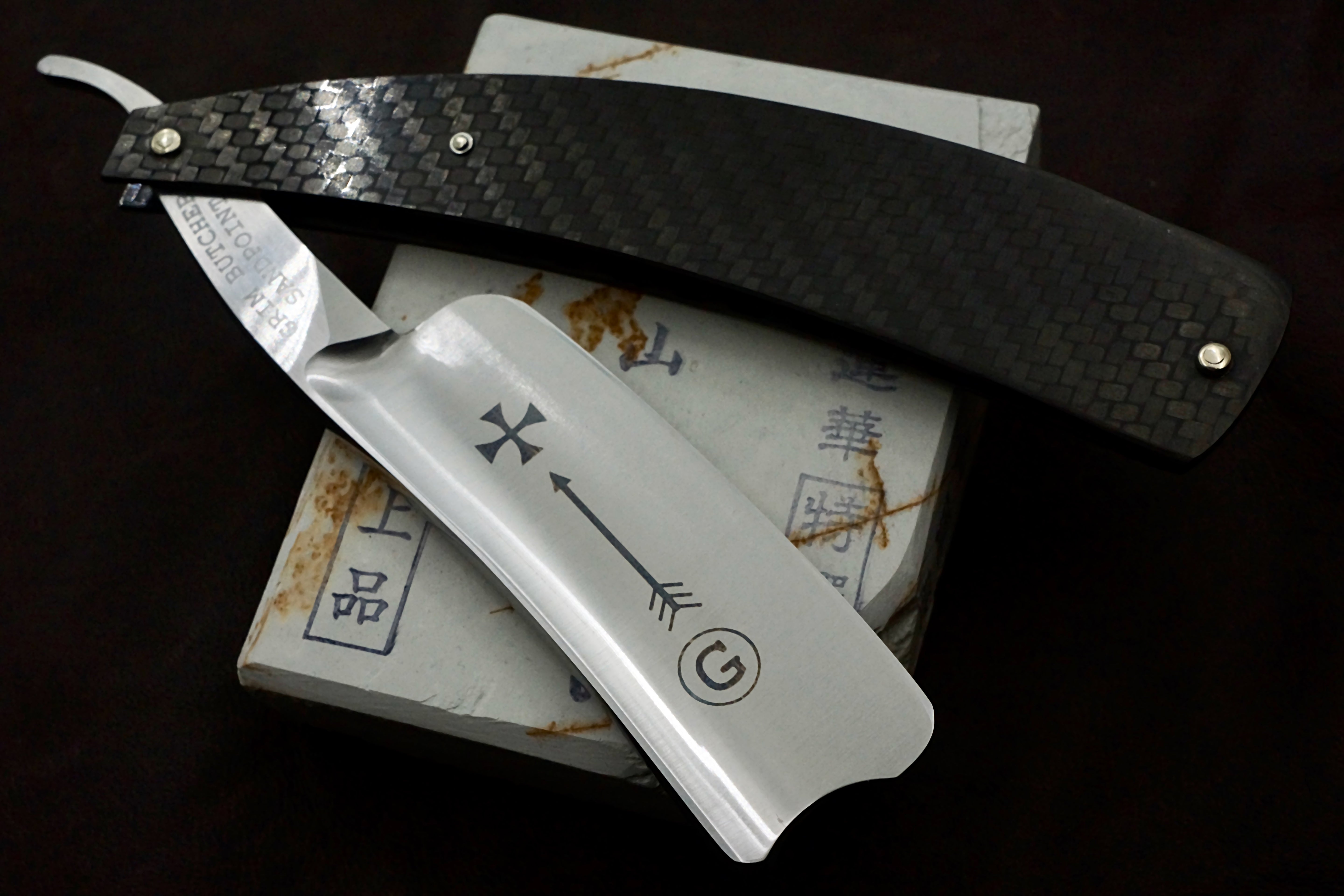 Grim Butcher 9/8 Full Hollow Blade with Carbon Fiber Scales - Preowned Straight Razor - Shave Ready