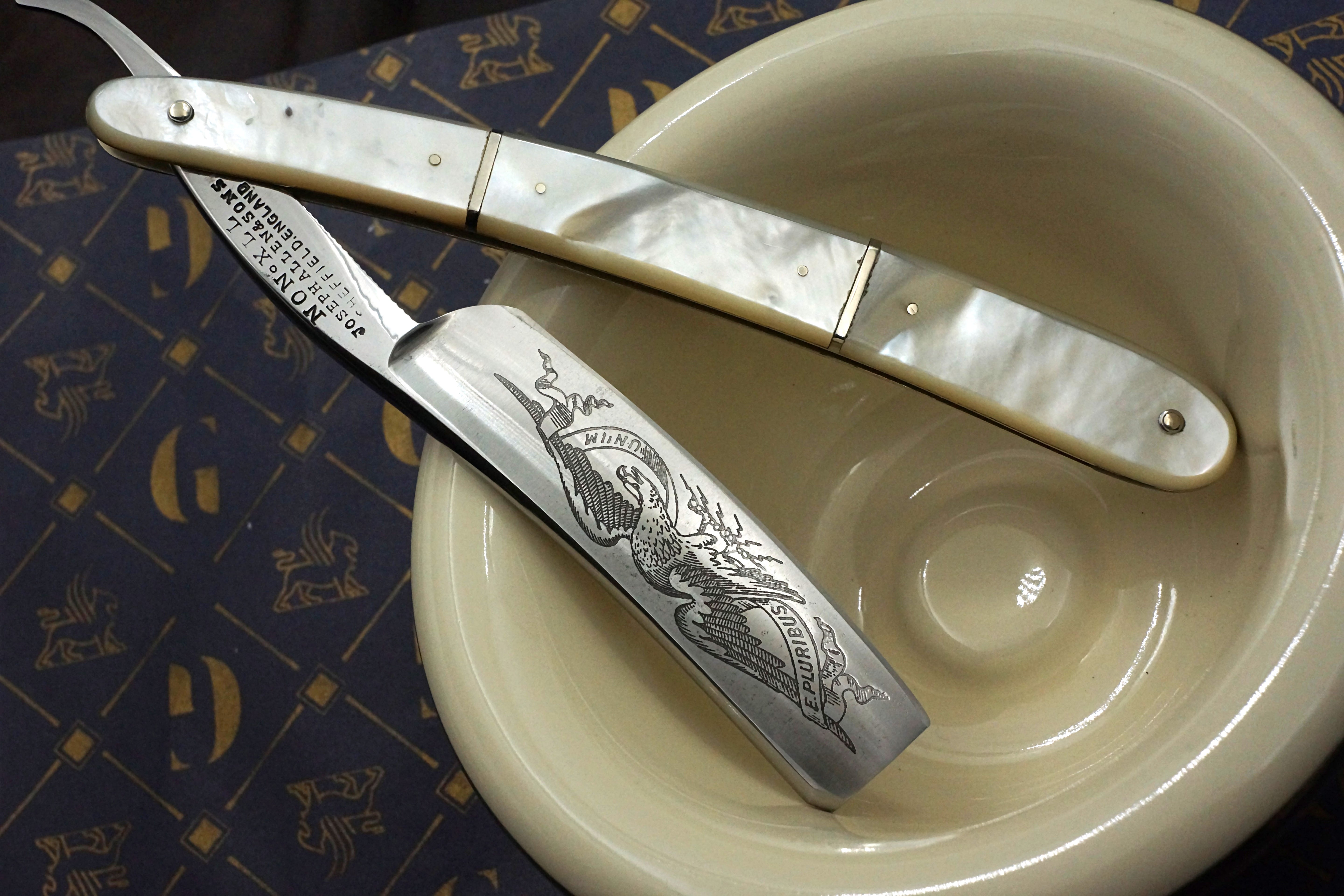 Joseph Allen & Sons 6/8 - "E Pluribus Unum" Eagle Etch Restored Mother of Pearl Scaled Sheffield Straight Razor - Shave Ready