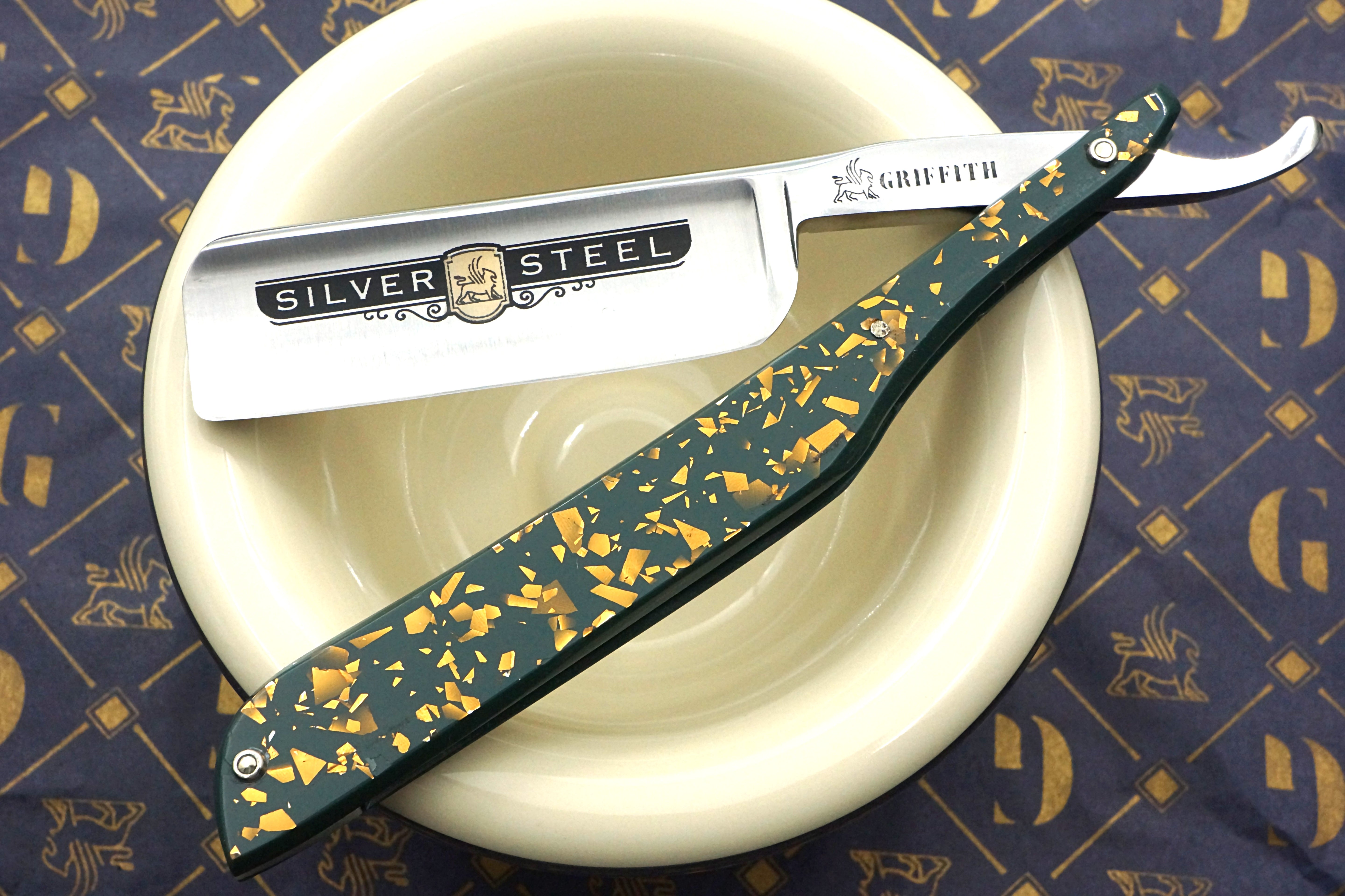 Griffith 8/8 Silver Steel Extra Hollow Etched Blade - Sage Green and Copper Flake Acrylic Scales Artisan Straight Razor - Shave Ready