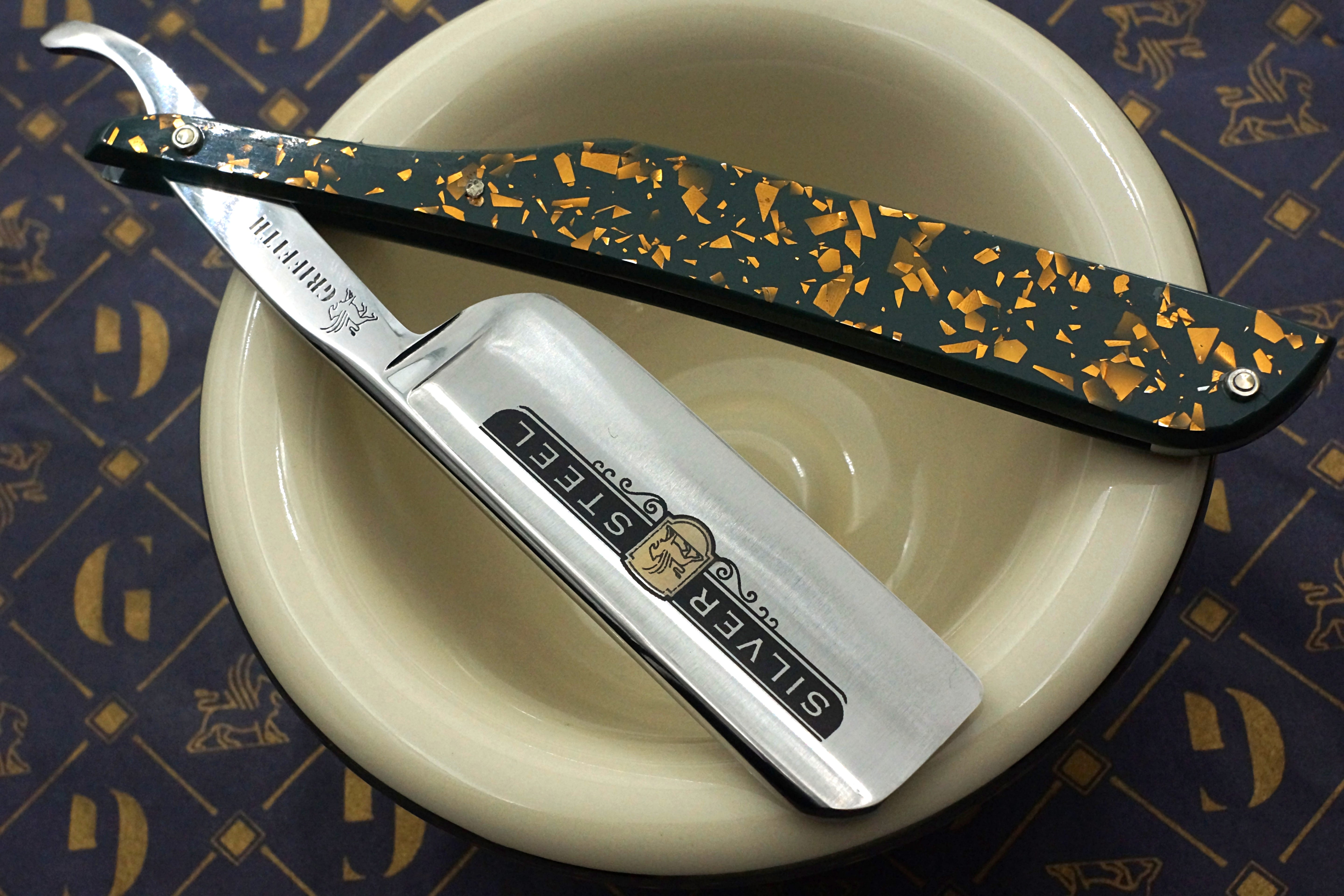 Griffith 8/8 Silver Steel Extra Hollow Etched Blade - Sage Green and Copper Flake Acrylic Scales Artisan Straight Razor - Shave Ready
