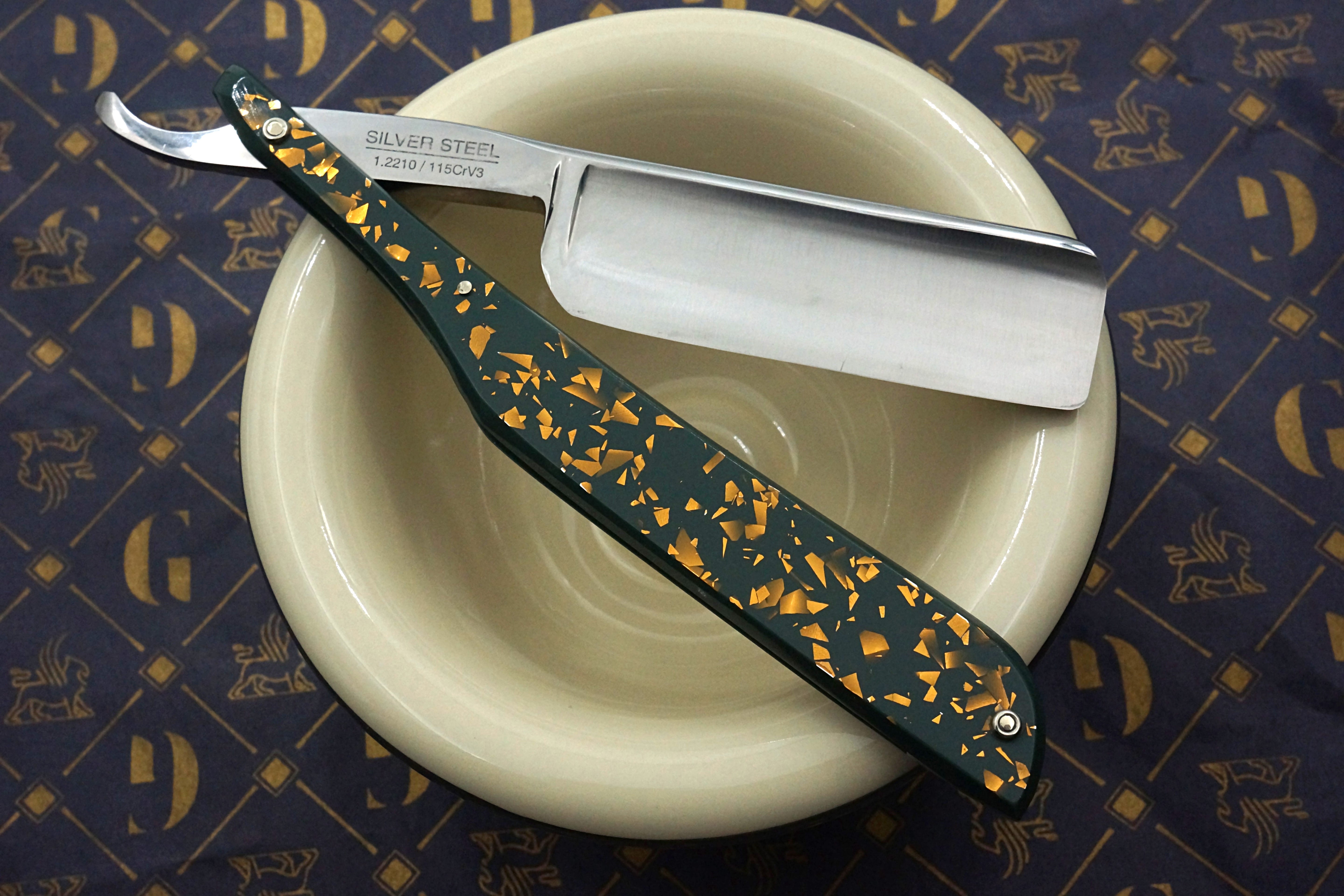 Griffith 8/8 Silver Steel Extra Hollow Etched Blade - Sage Green and Copper Flake Acrylic Scales Artisan Straight Razor - Shave Ready