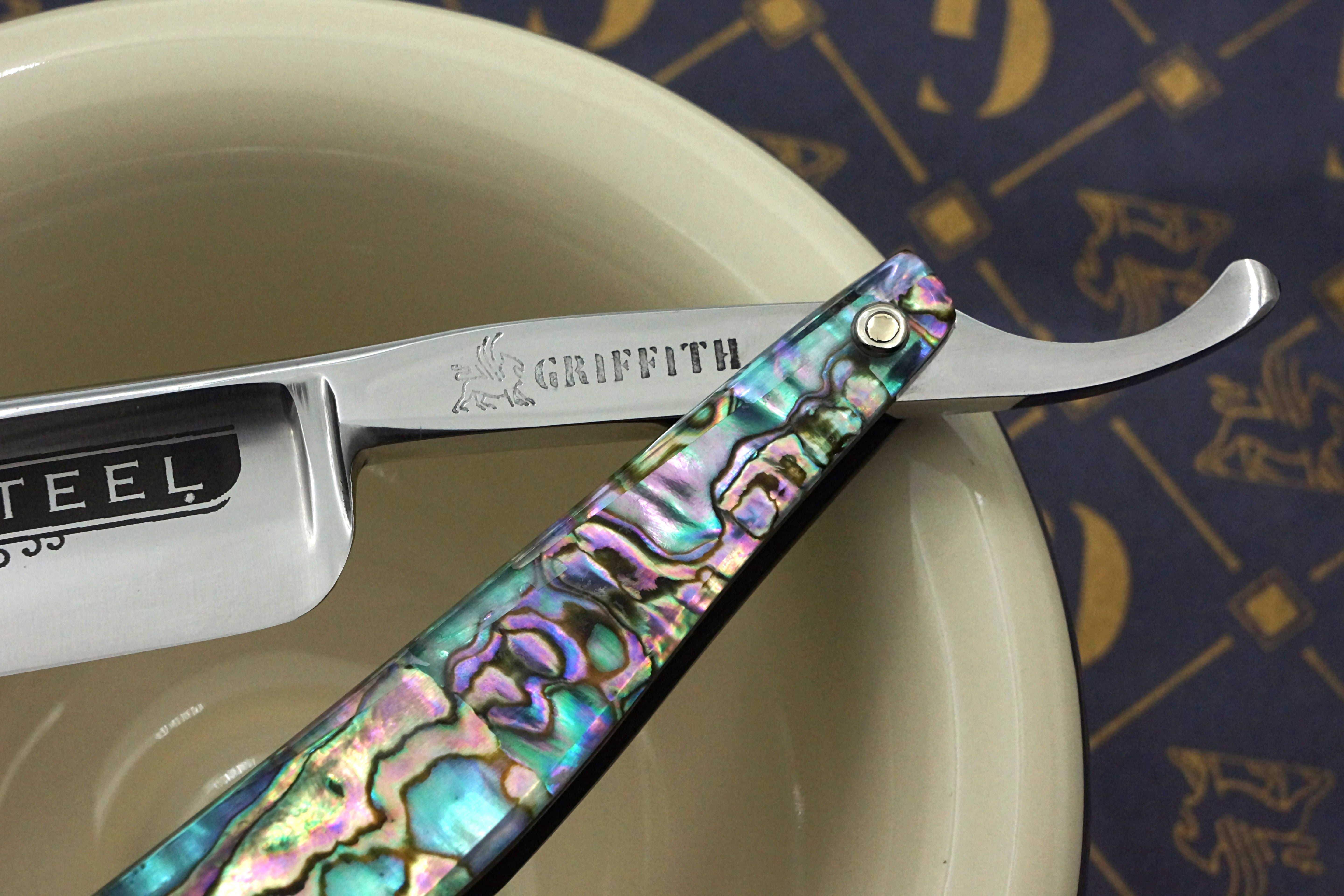 Griffith 13/16 Silver Steel Full Hollow Etched Blade - Abalone Scales Artisan Straight Razor - Shave Ready