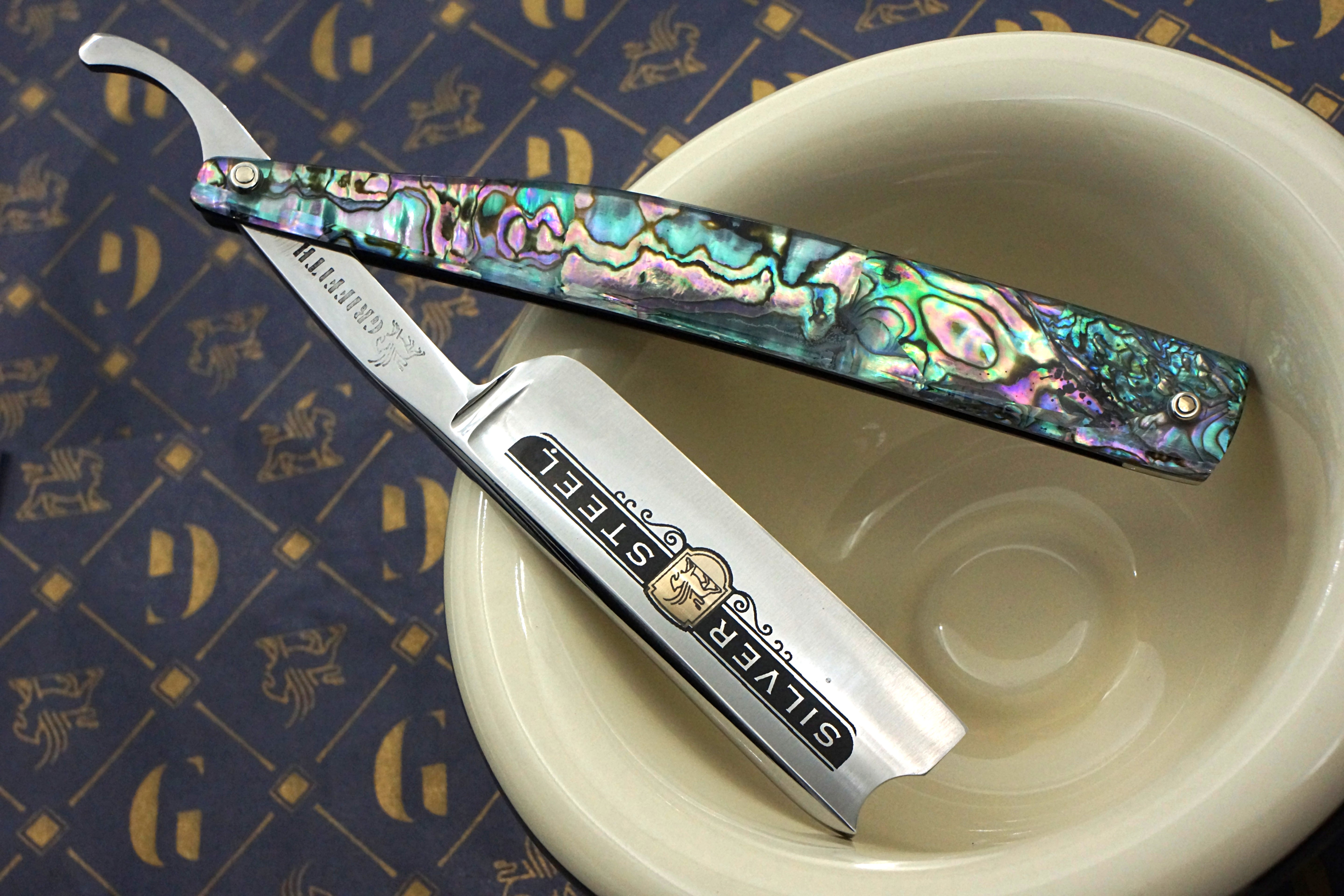 Griffith 13/16 Silver Steel Full Hollow Etched Blade - Abalone Scales Artisan Straight Razor - Shave Ready