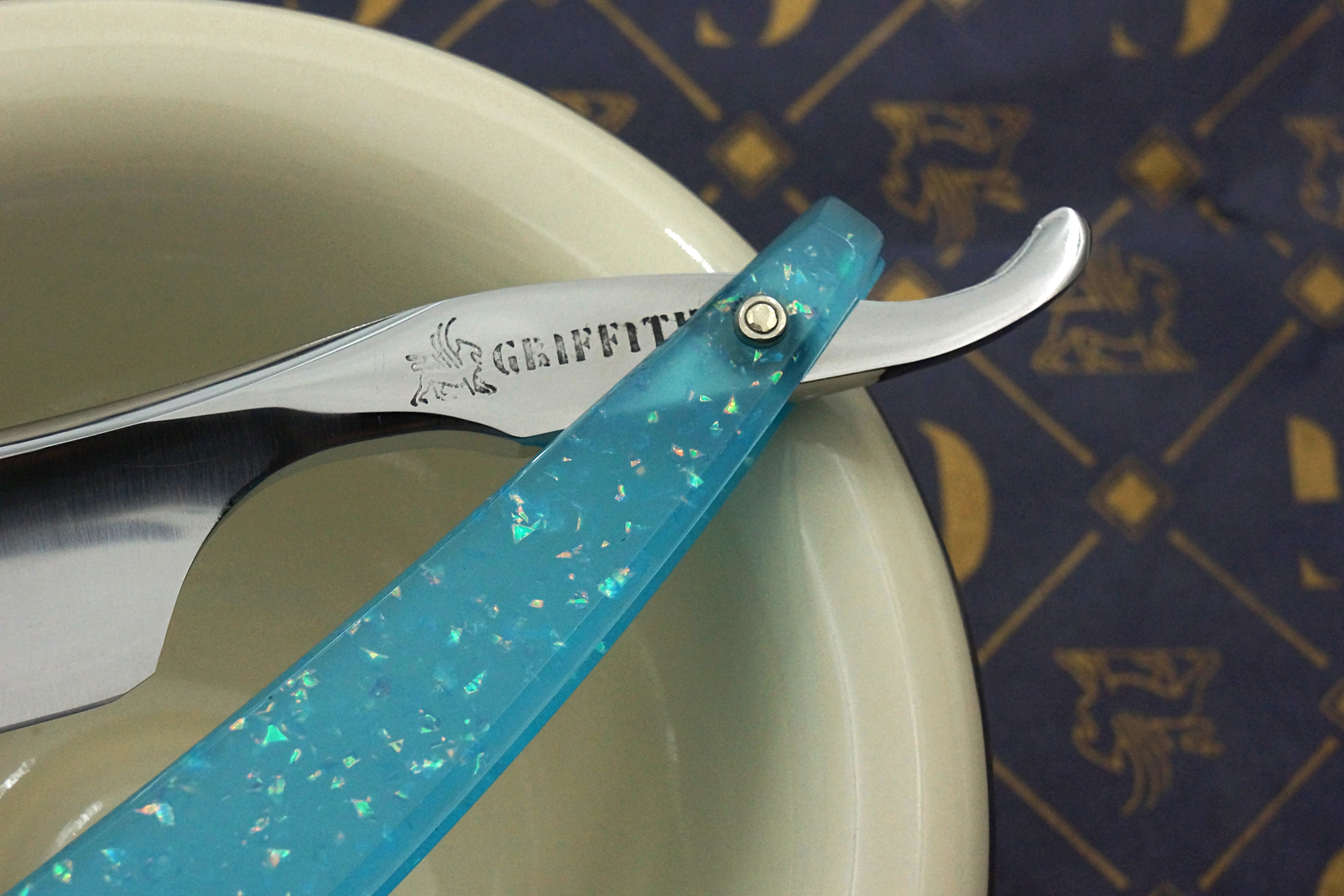 Griffith 13/16 Silver Steel Full Hollow Blade - Neon Blue Crackle Acrylic Scales Artisan Straight Razor - Shave Ready