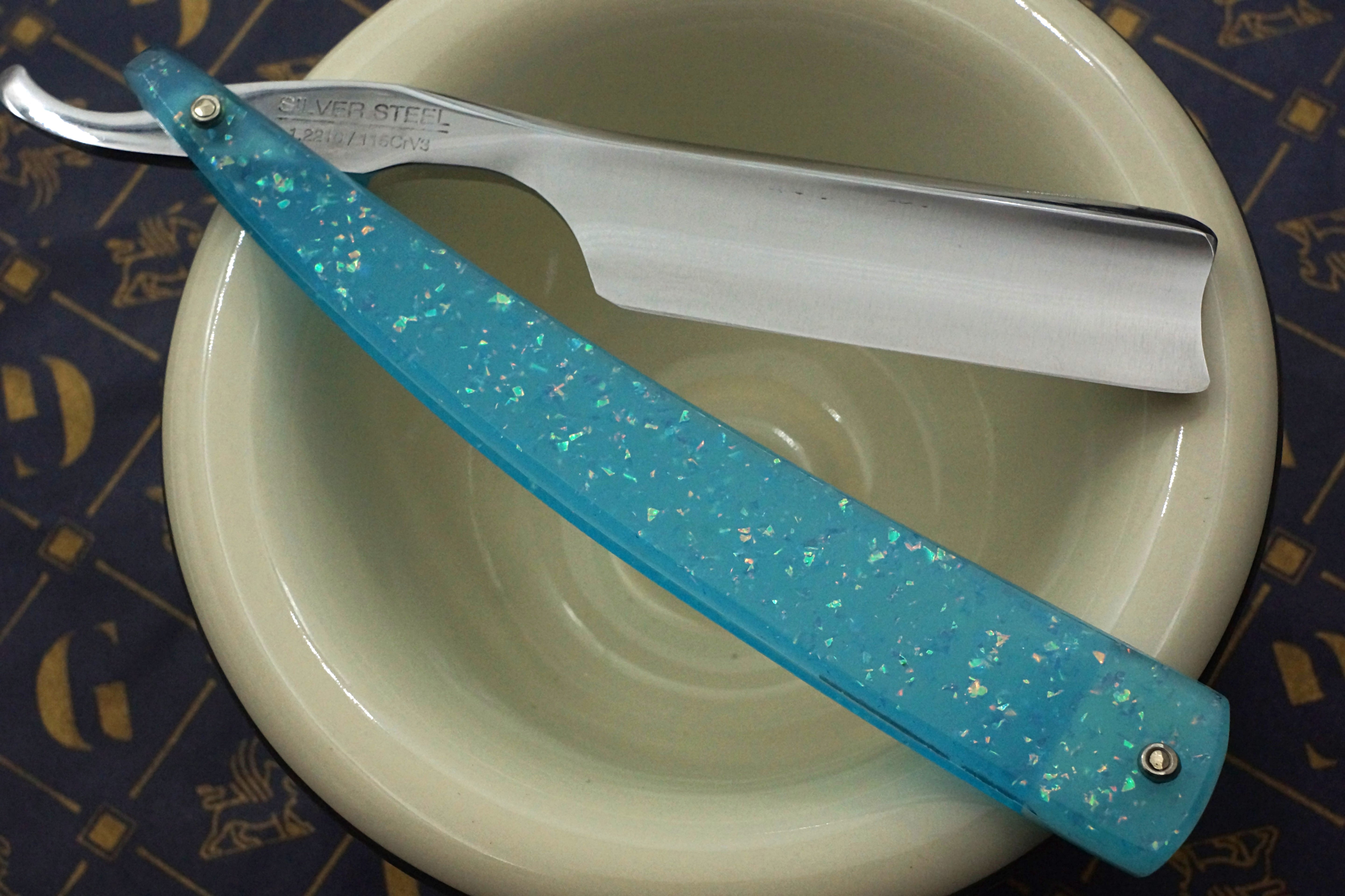 Griffith 13/16 Silver Steel Full Hollow Blade - Neon Blue Crackle Acrylic Scales Artisan Straight Razor - Shave Ready