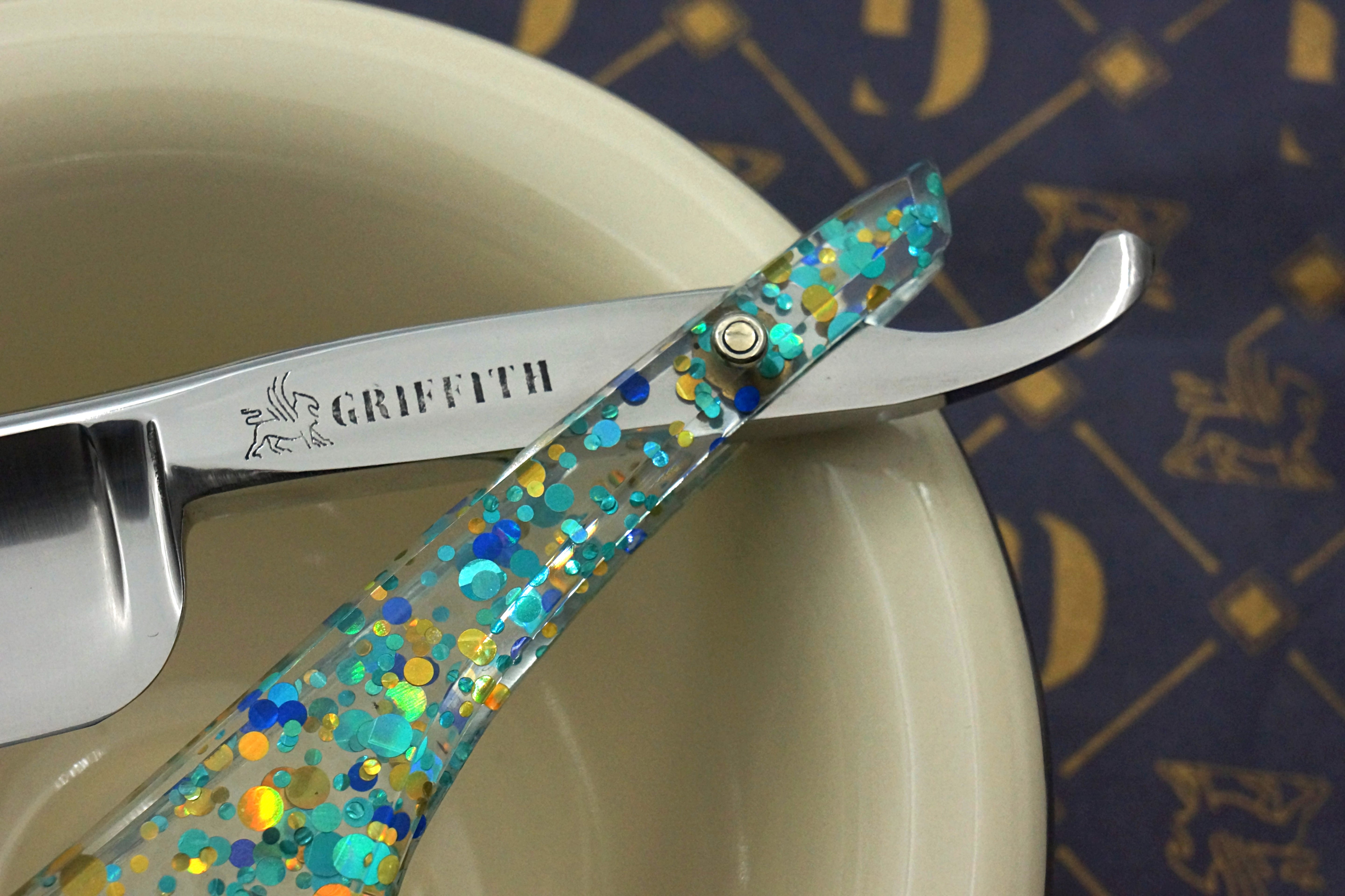 Griffith 7/8 Silver Steel Full Hollow Blade -  Teal Dots and Glitter Acrylic Scales Artisan Straight Razor - Shave Ready