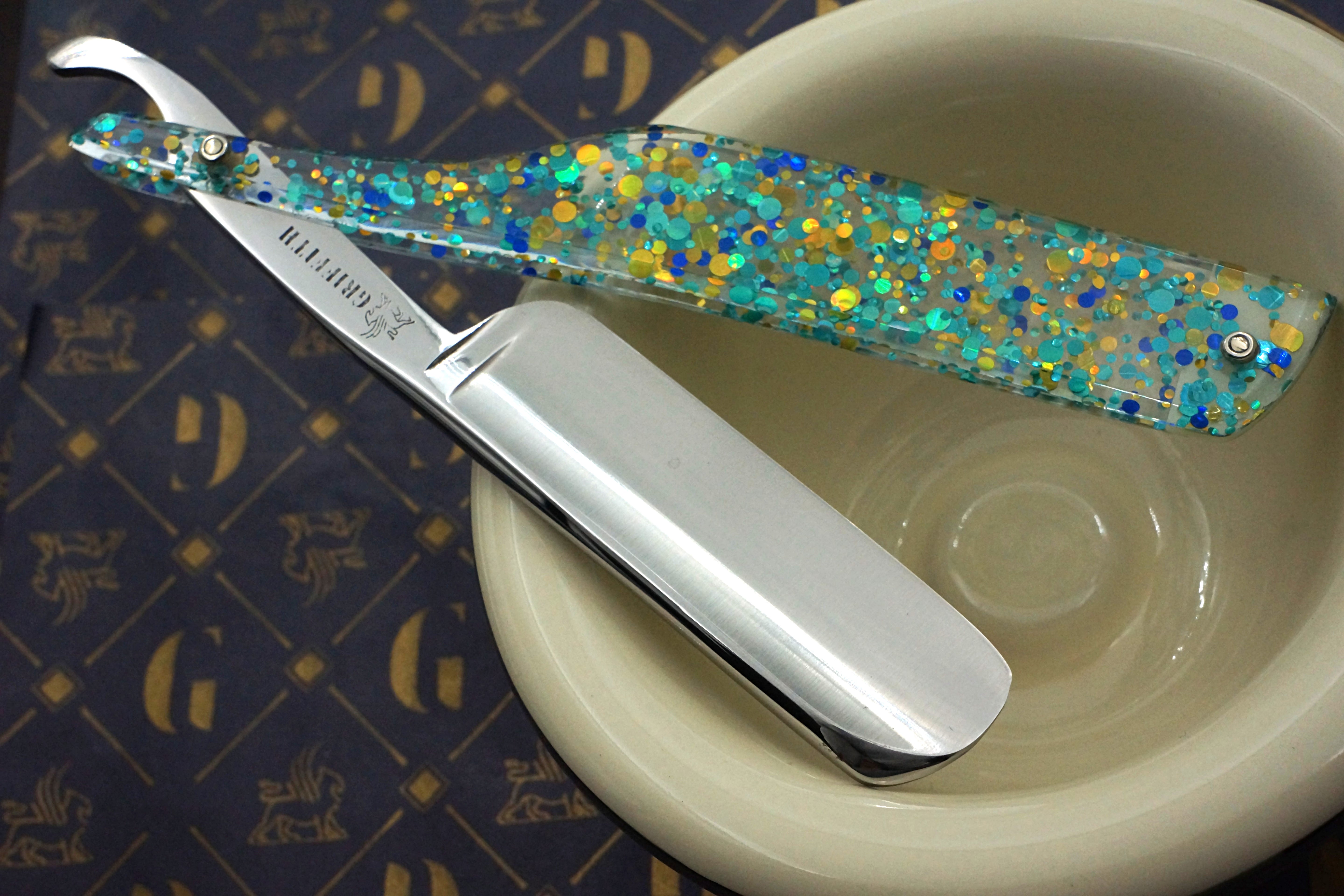 Griffith 7/8 Silver Steel Full Hollow Blade -  Teal Dots and Glitter Acrylic Scales Artisan Straight Razor - Shave Ready
