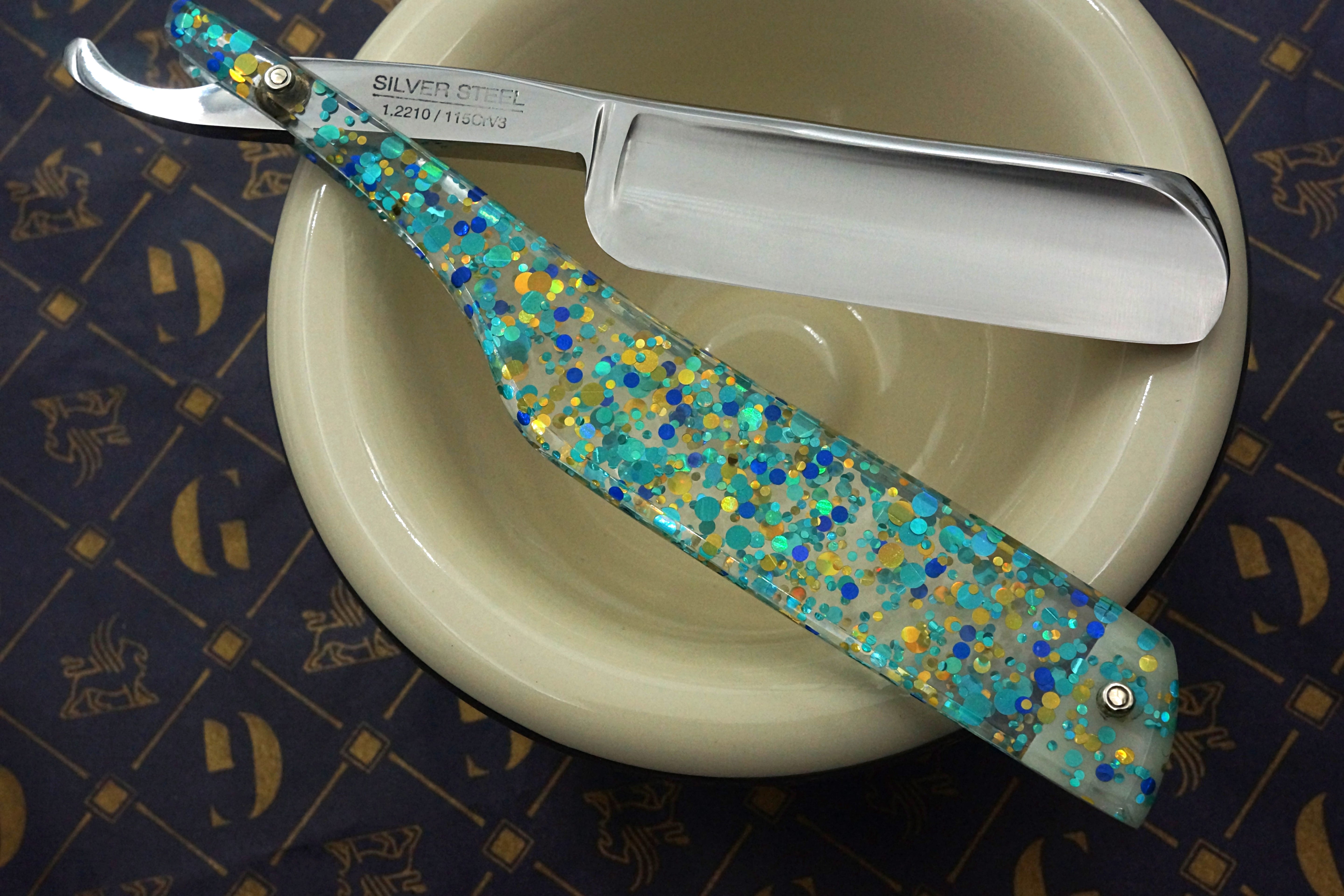 Griffith 7/8 Silver Steel Full Hollow Blade -  Teal Dots and Glitter Acrylic Scales Artisan Straight Razor - Shave Ready