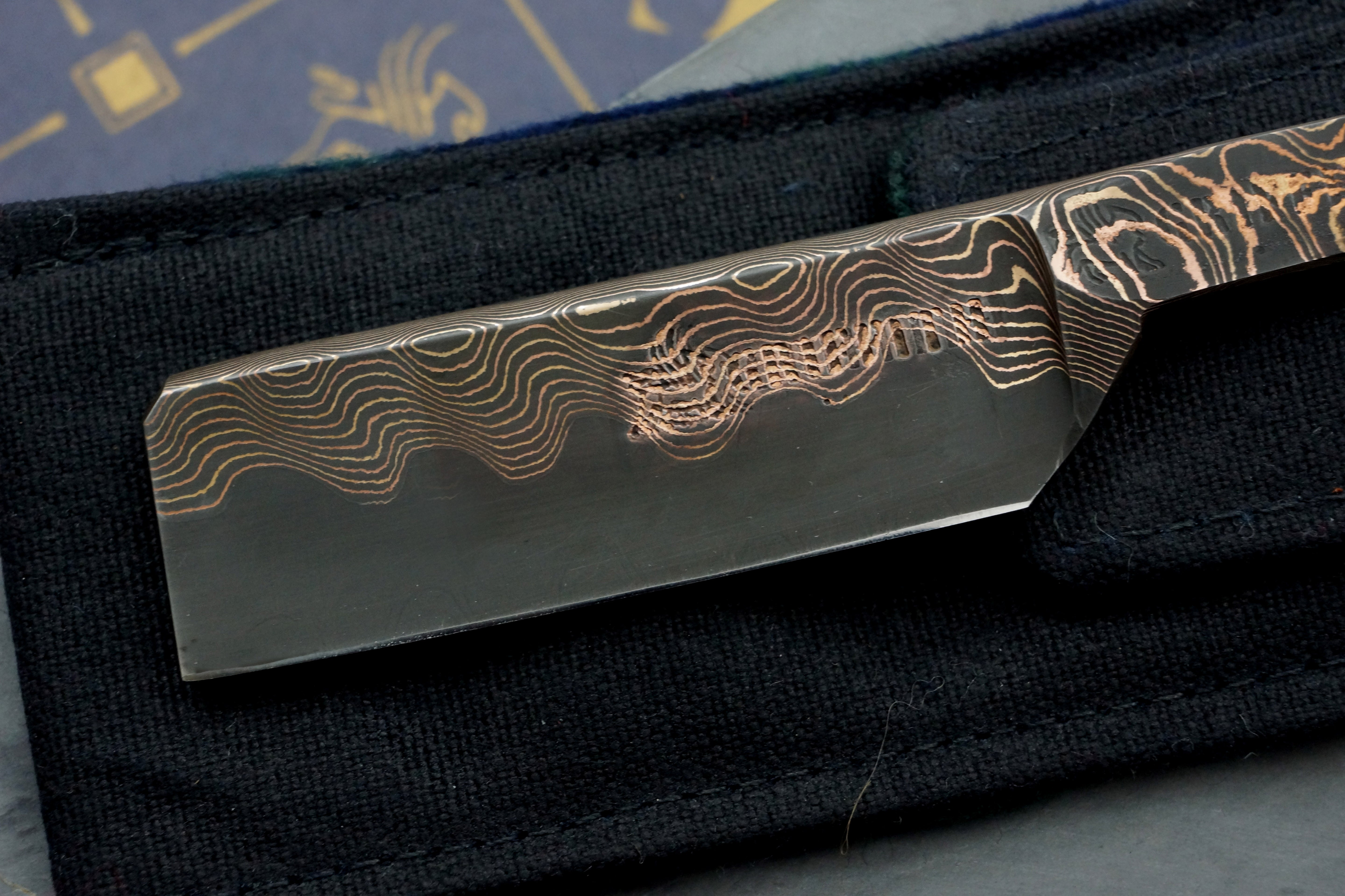 Griffith 18mm Copper & Bronze Damascus San Mai Kamisori with Mammoth Ivory Tang Artisan Razor