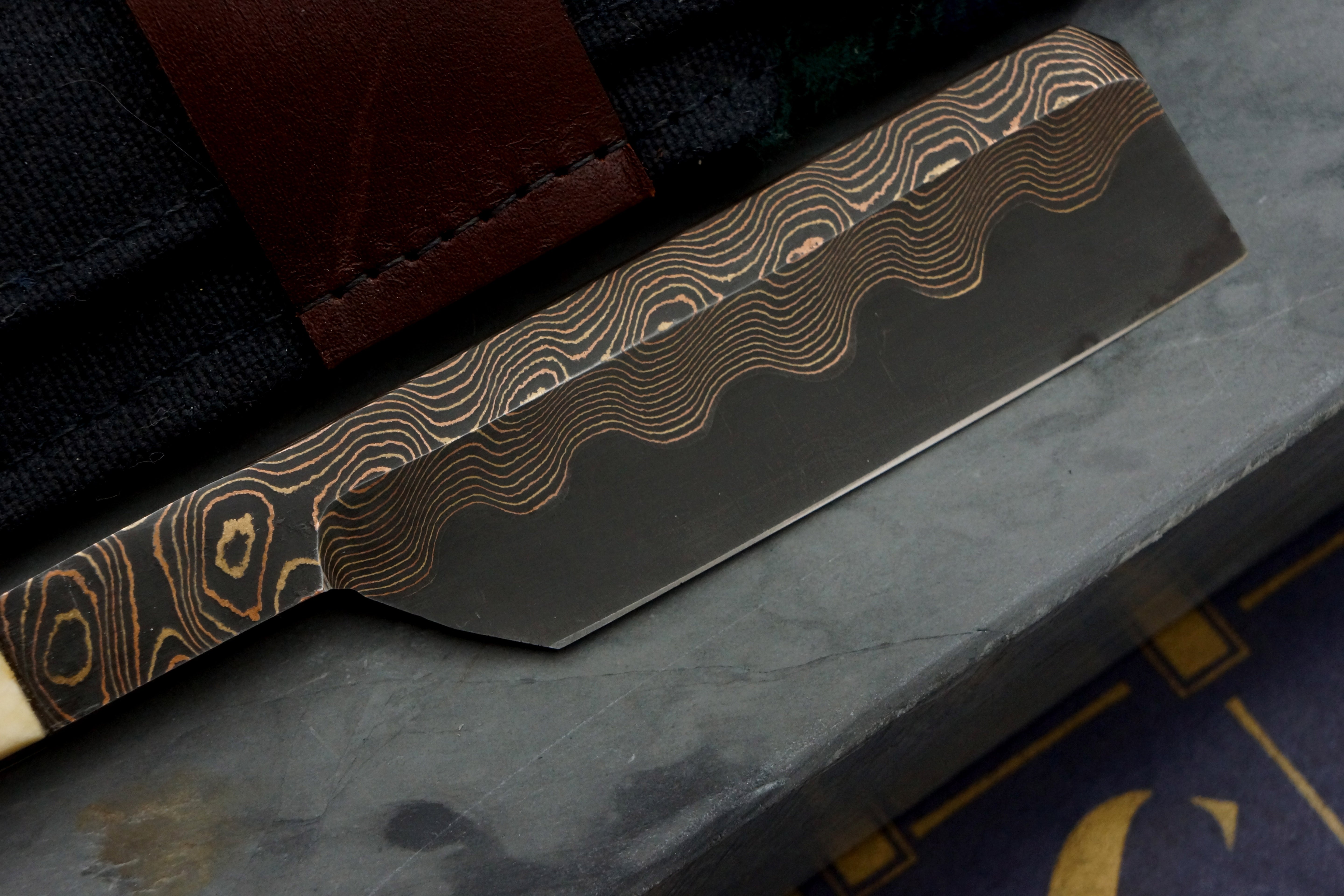 Griffith 18mm Copper & Bronze Damascus San Mai Kamisori with Mammoth Ivory Tang Artisan Razor
