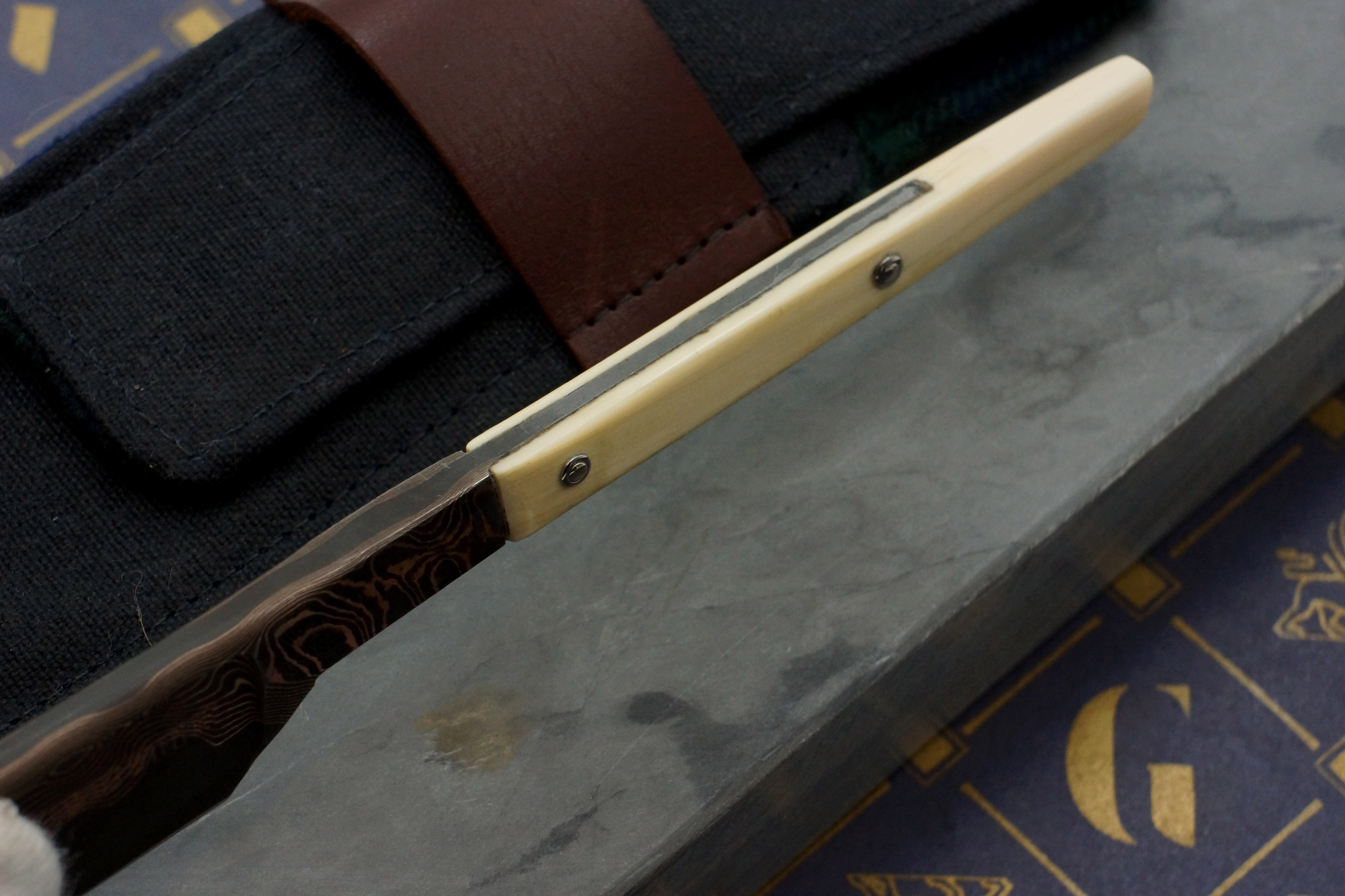 Griffith 18mm Copper & Bronze Damascus San Mai Kamisori with Mammoth Ivory Tang Artisan Razor
