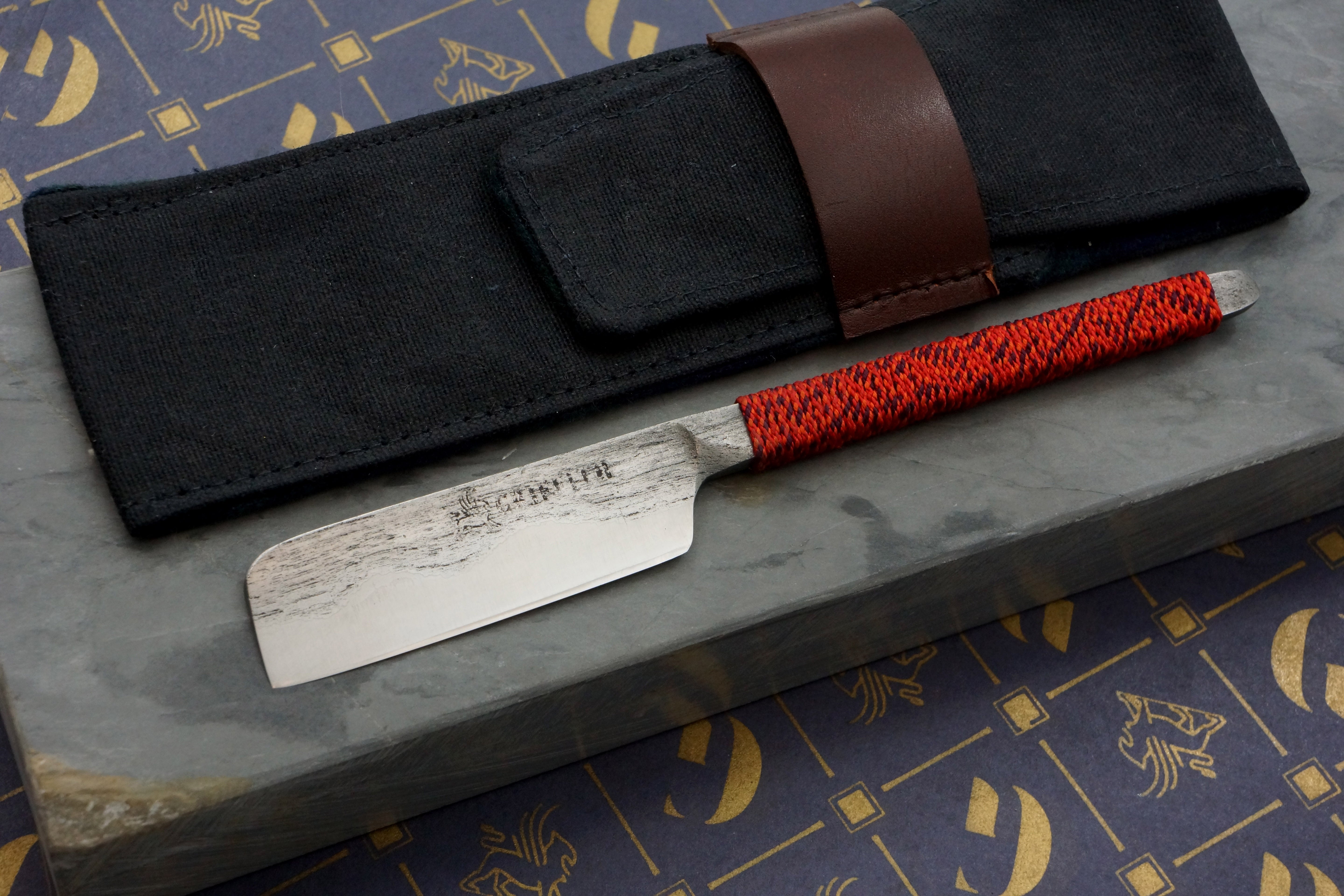 Griffith 17mm Antique Wrought Iron & Steel San Mai Kamisori with Silk Kumihimo Wrap