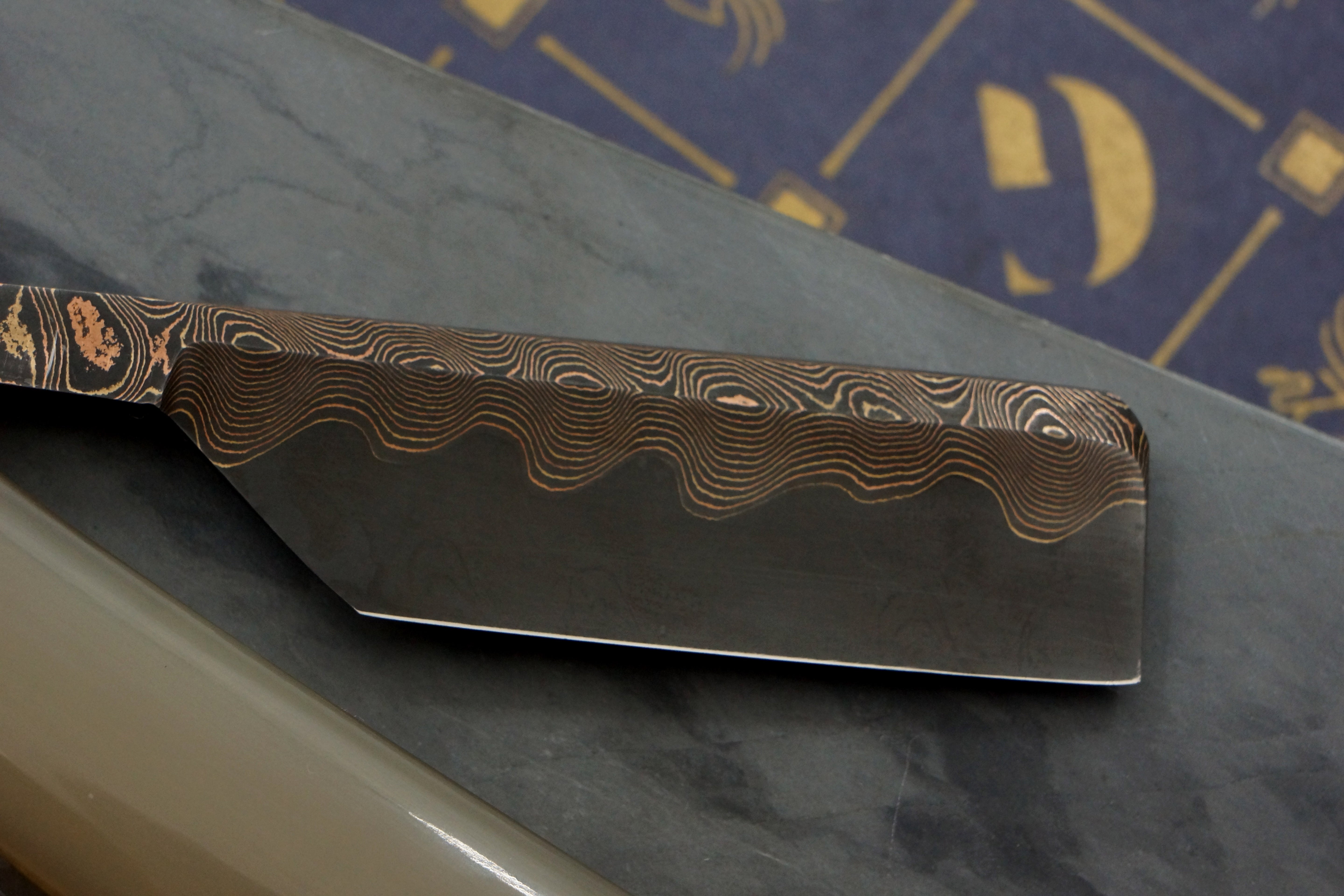 Griffith 18mm Copper & Bronze Damascus San Mai Folding Kamisori with Horn Scales Artisan Razor
