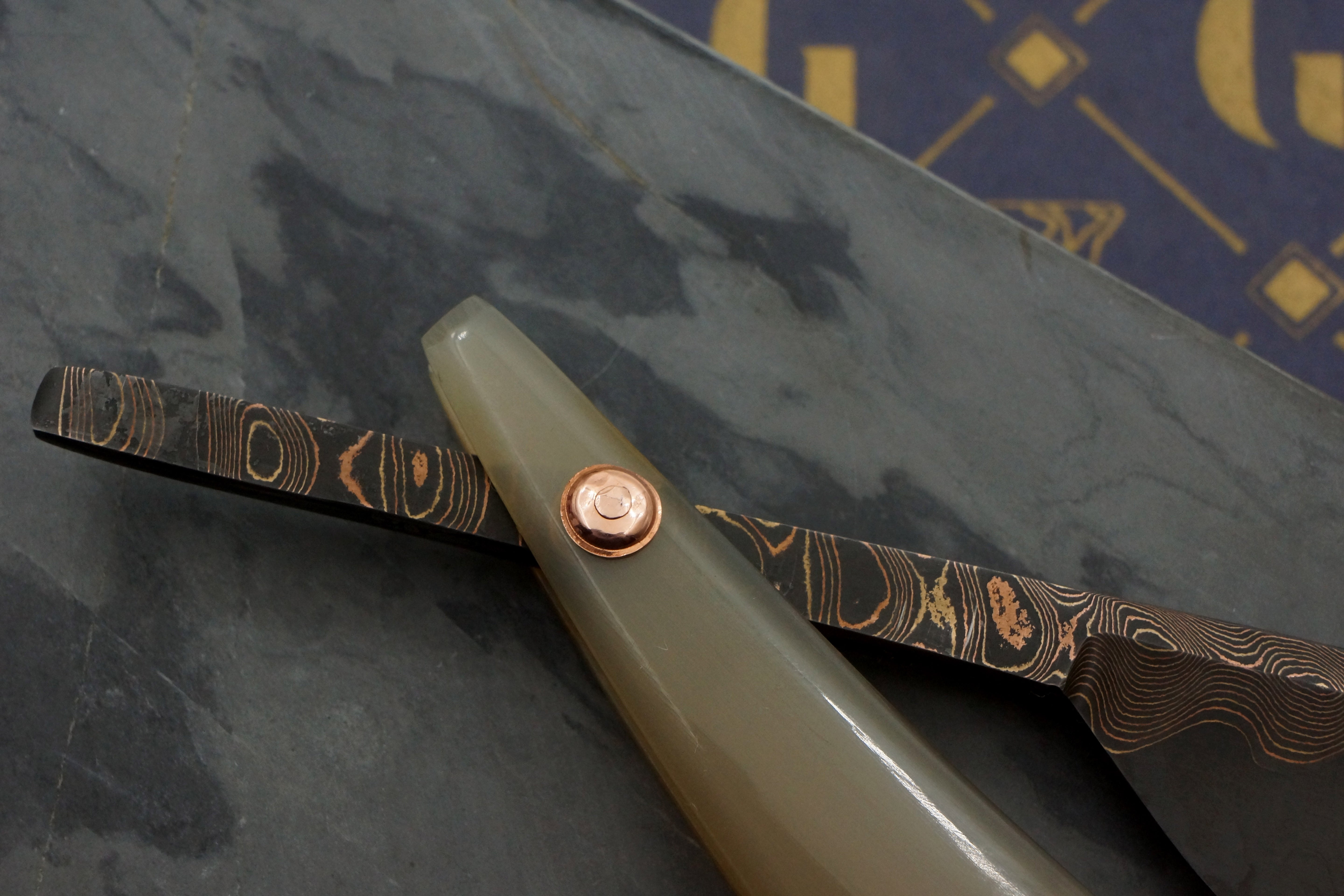Griffith 18mm Copper & Bronze Damascus San Mai Folding Kamisori with Horn Scales Artisan Razor