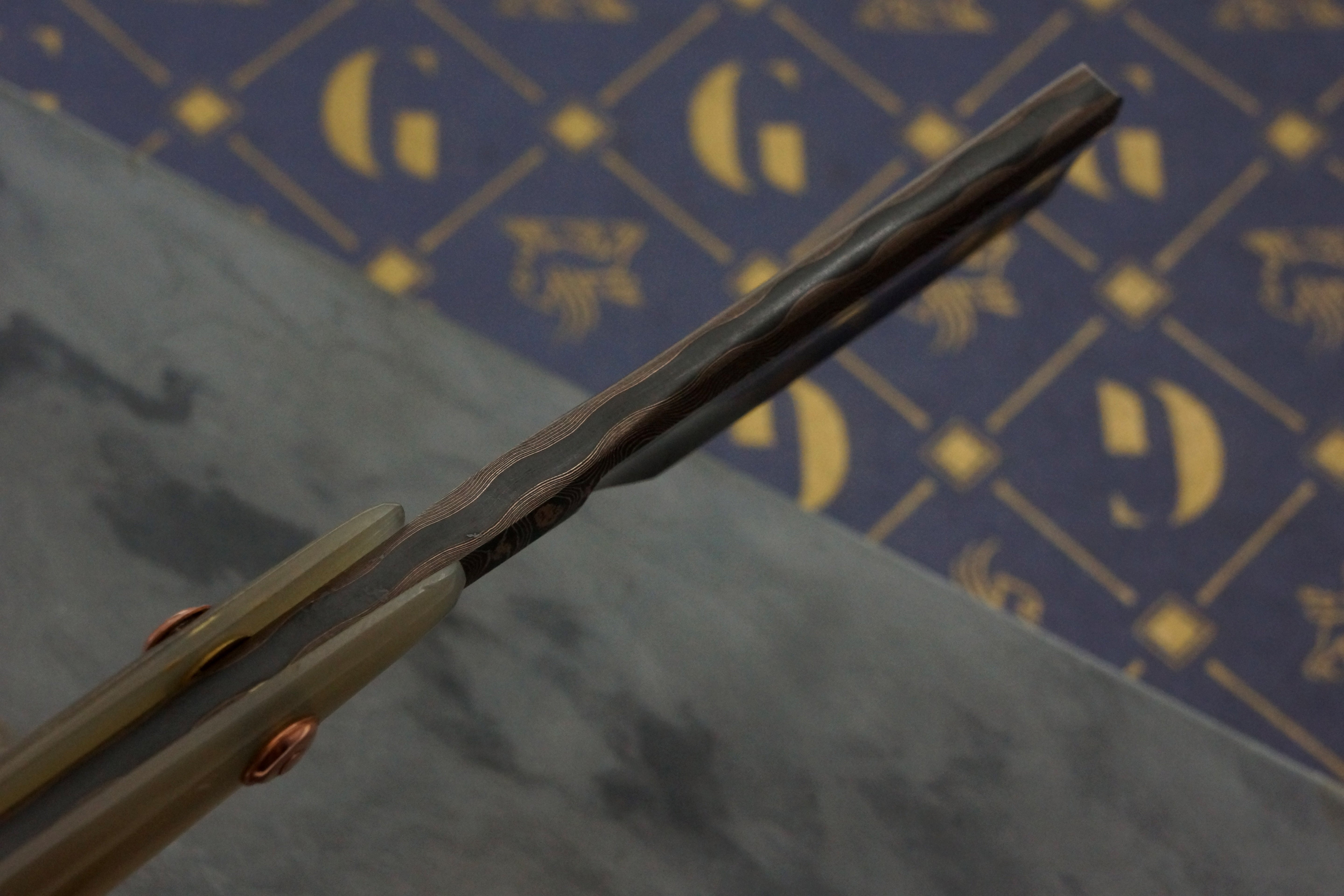 Griffith 18mm Copper & Bronze Damascus San Mai Folding Kamisori with Horn Scales Artisan Razor