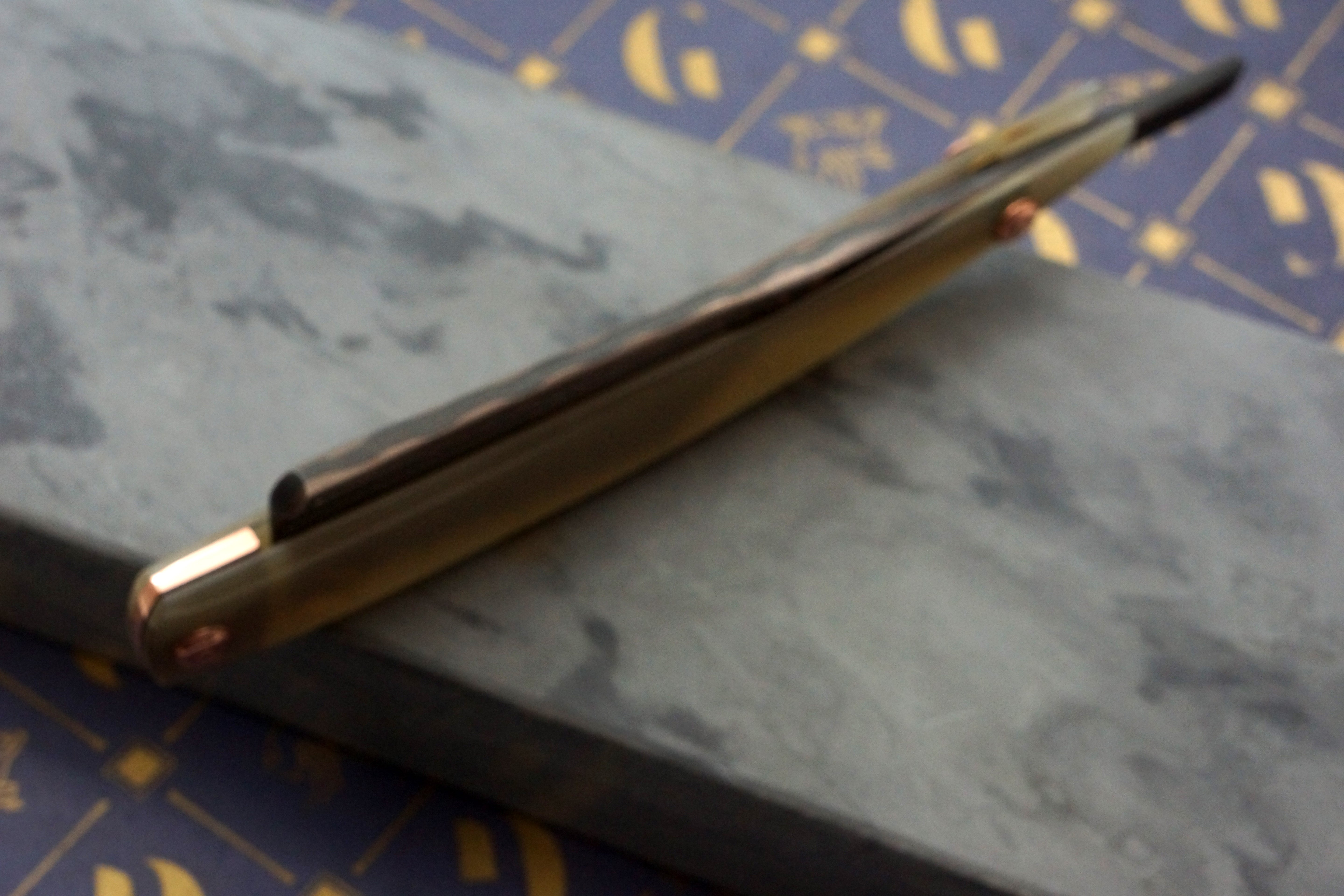 Griffith 18mm Copper & Bronze Damascus San Mai Folding Kamisori with Horn Scales Artisan Razor