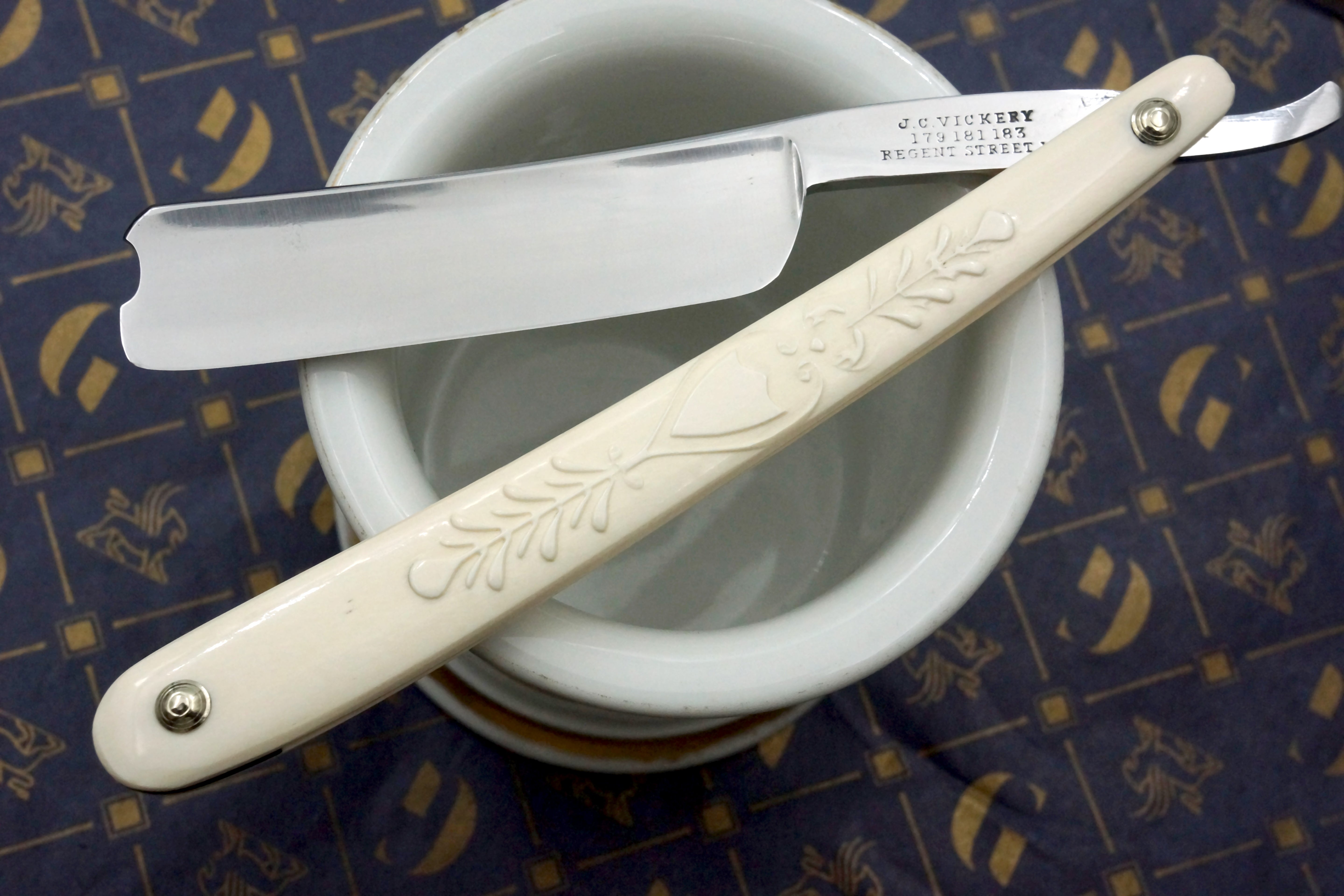 J.C. Vickery Regent St. 6/8 Blade with Fancy Carved Mammoth Ivory Scales Sheffield Straight Razor - Shave Ready