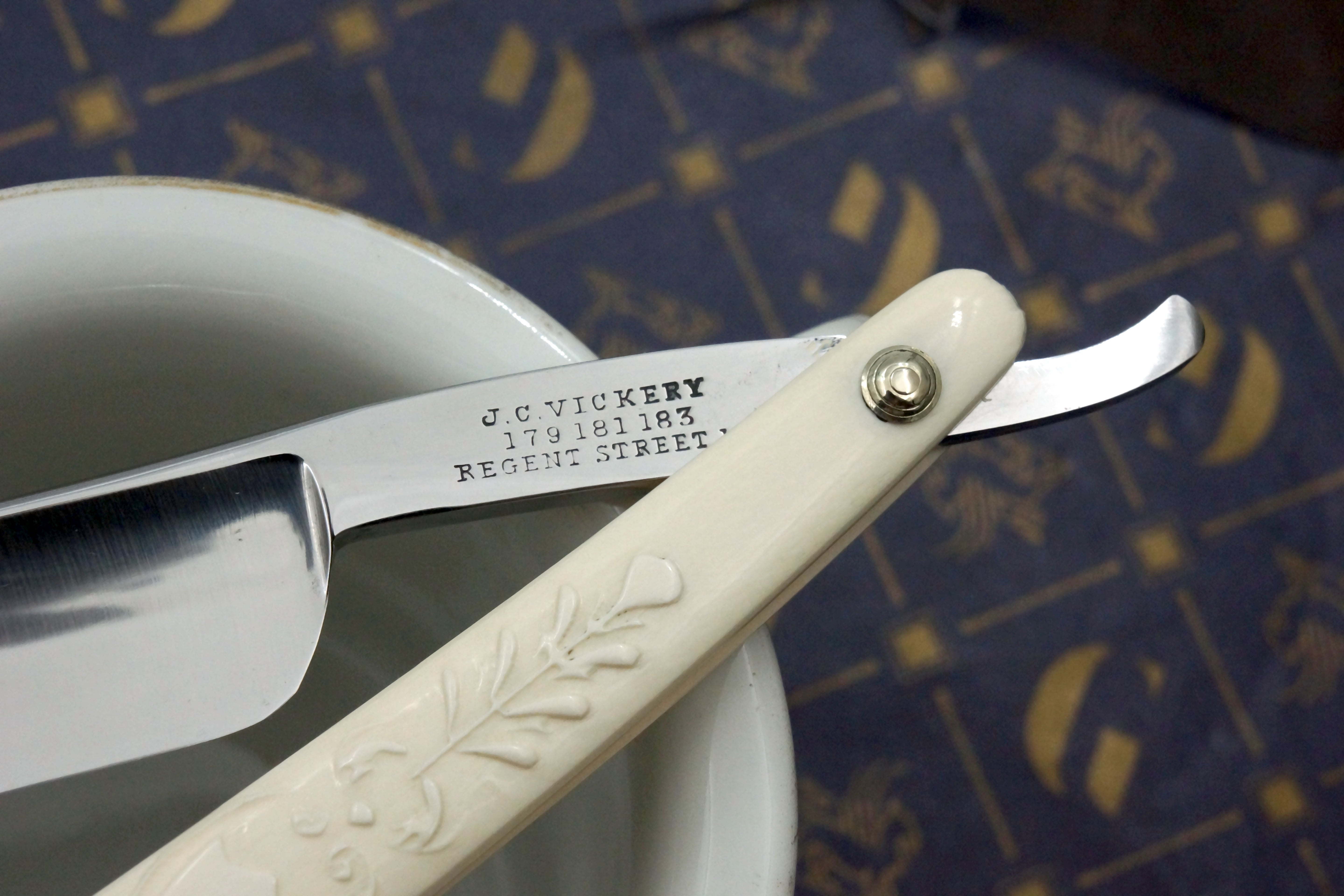 J.C. Vickery Regent St. 6/8 Blade with Fancy Carved Mammoth Ivory Scales Sheffield Straight Razor - Shave Ready
