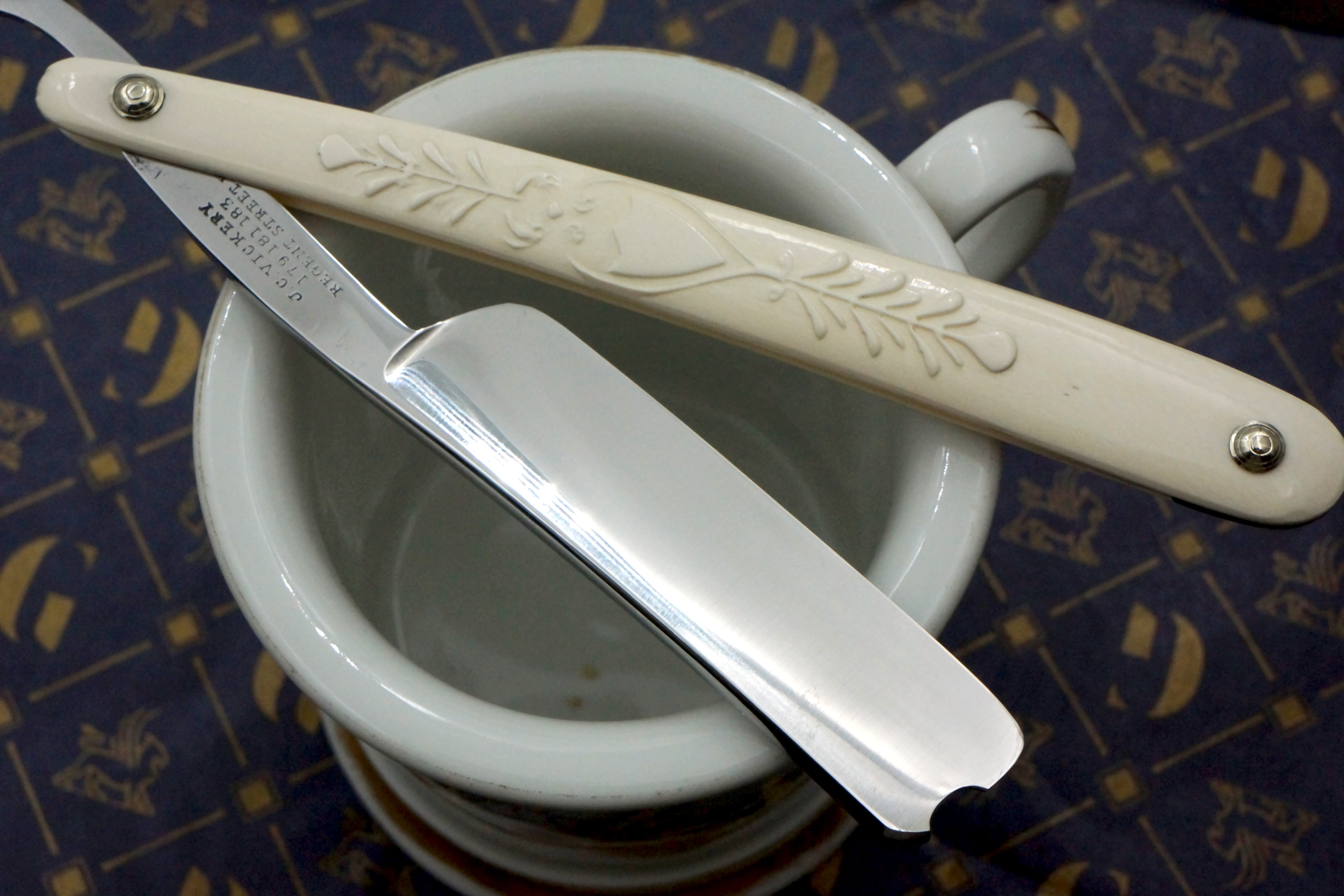 J.C. Vickery Regent St. 6/8 Blade with Fancy Carved Mammoth Ivory Scales Sheffield Straight Razor - Shave Ready